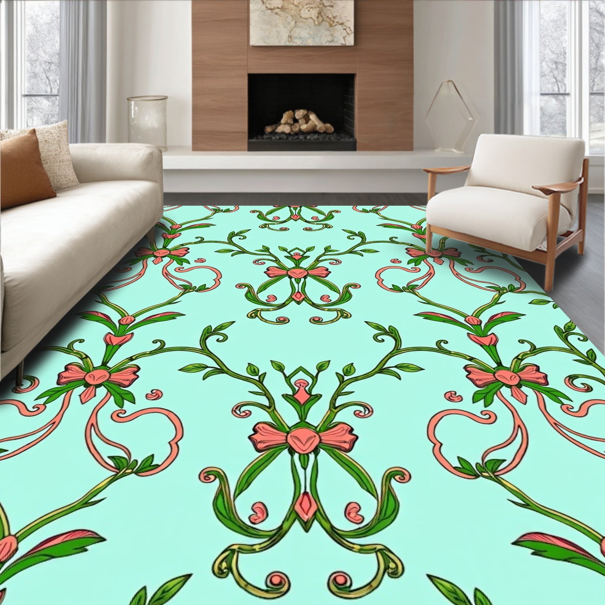 Floral Bow Branches Aqua Rug