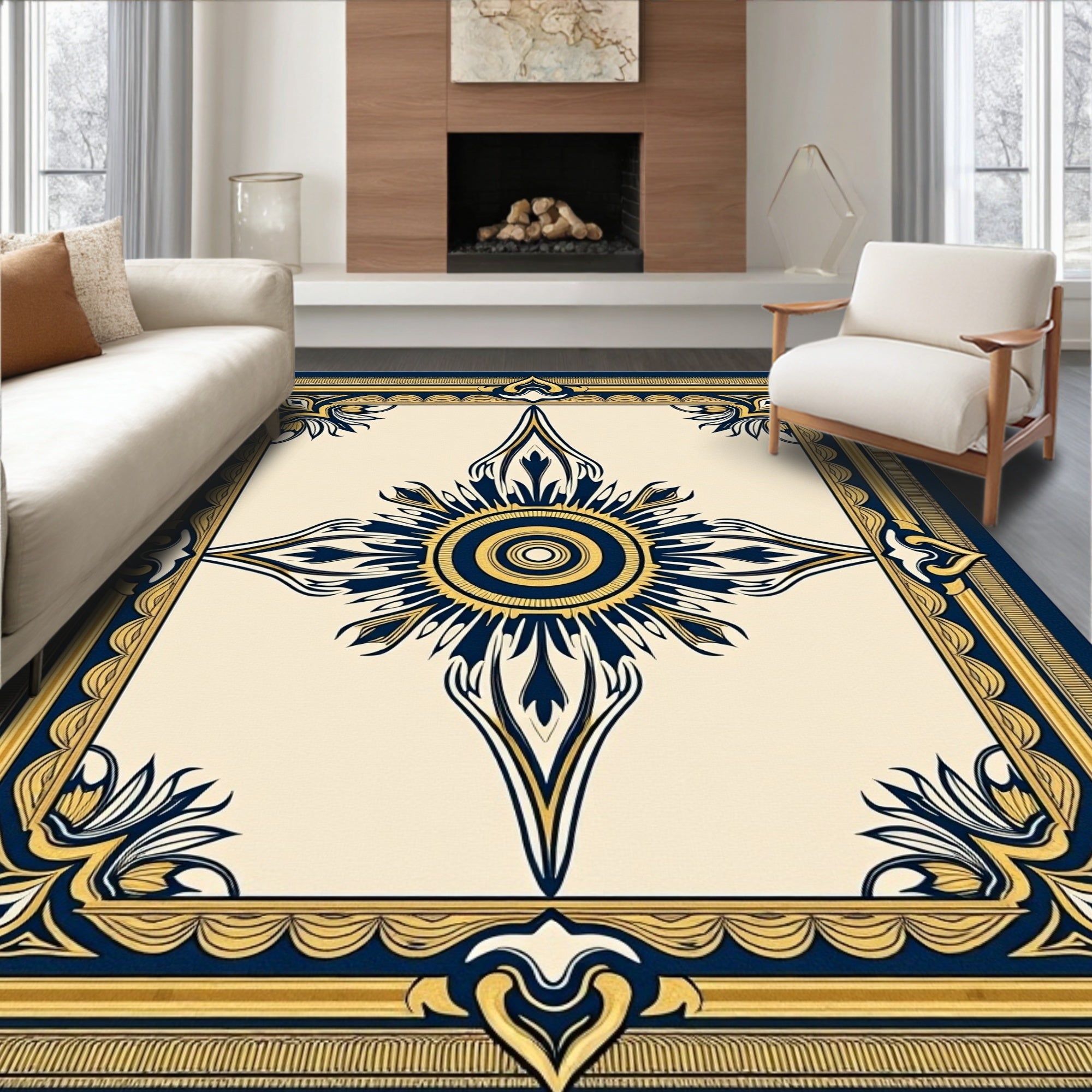 Navy Gold Sunburst Mandala Frame Rug