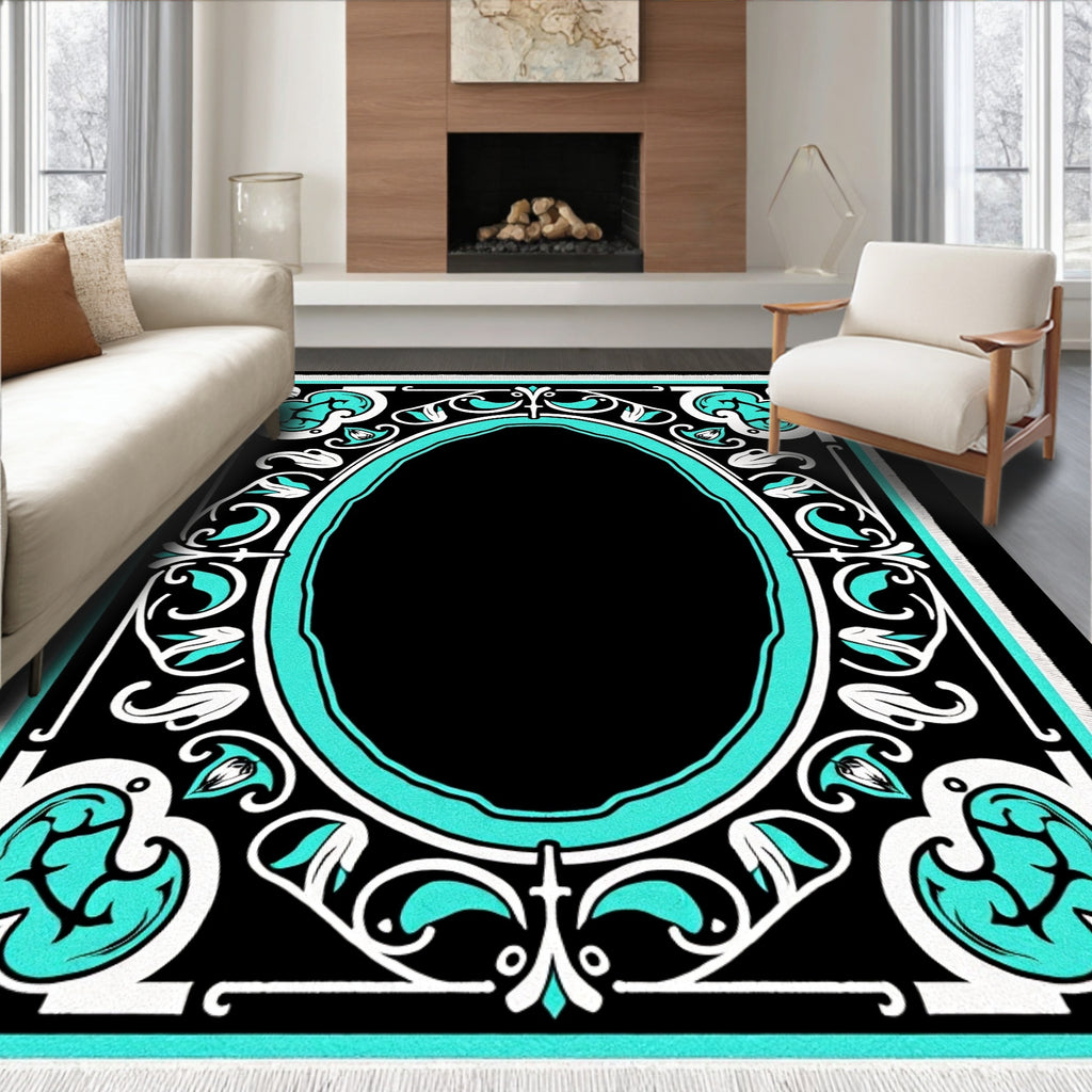 Black Teal Floral Oval Statement Rug