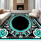 Black Teal Floral Oval Statement Rug