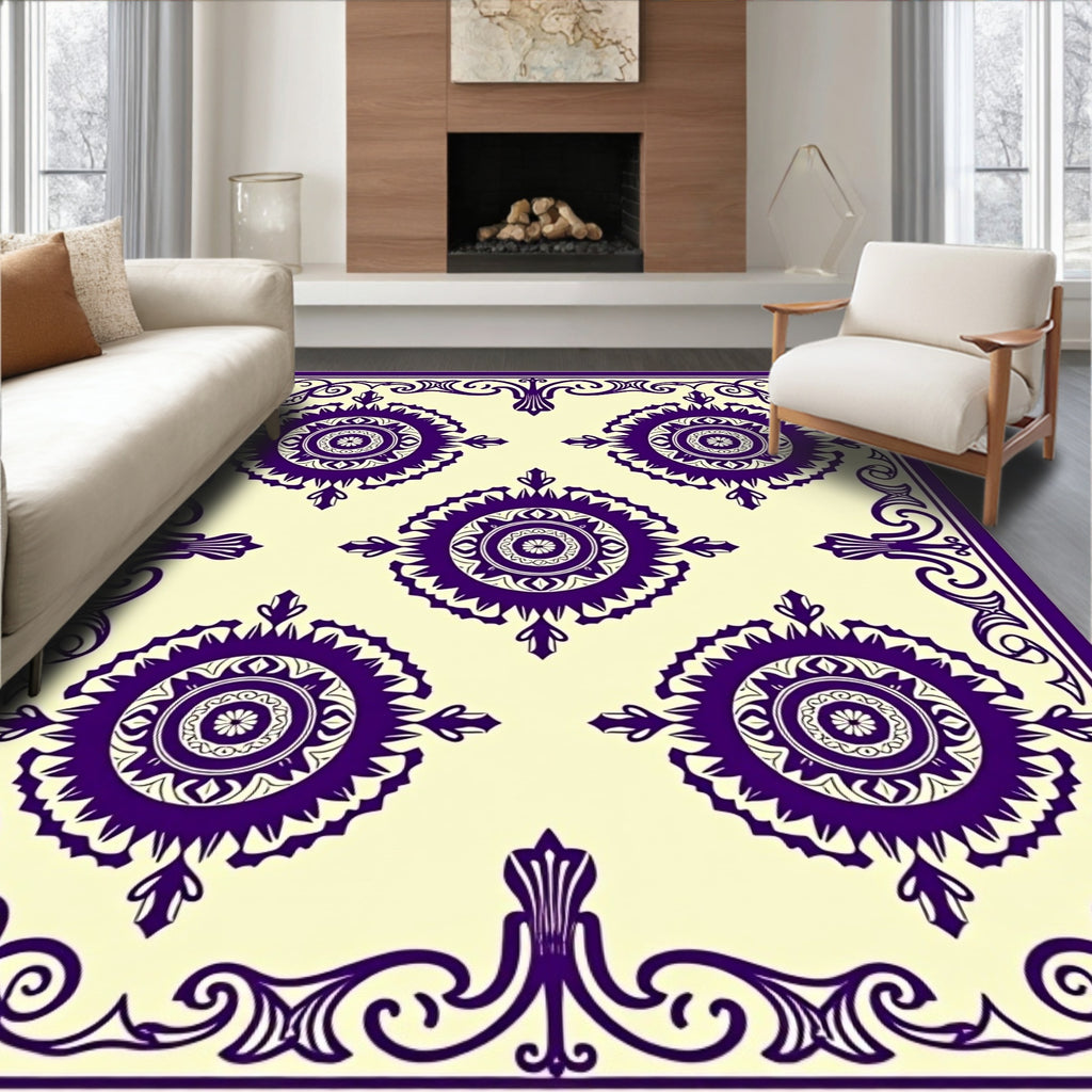 Deep Purple Medallion Ivory Frame Rug