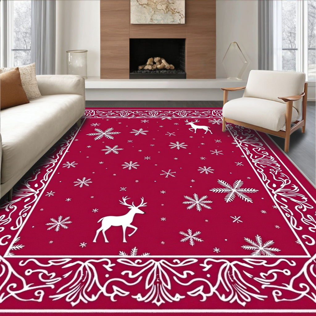 Crimson Snowflake Reindeer Border Rug