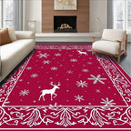 Crimson Snowflake Reindeer Border Rug