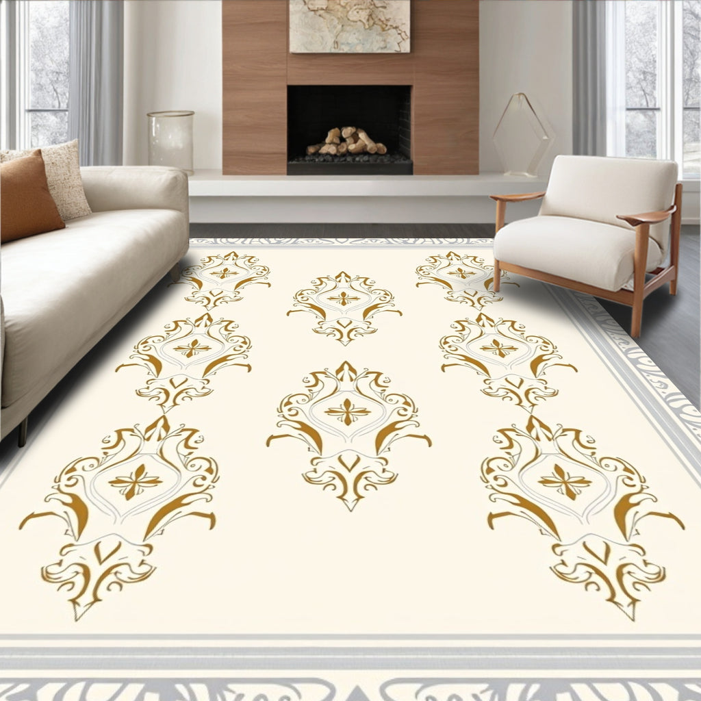 Ornate Golden Damask Scrollwork Rug