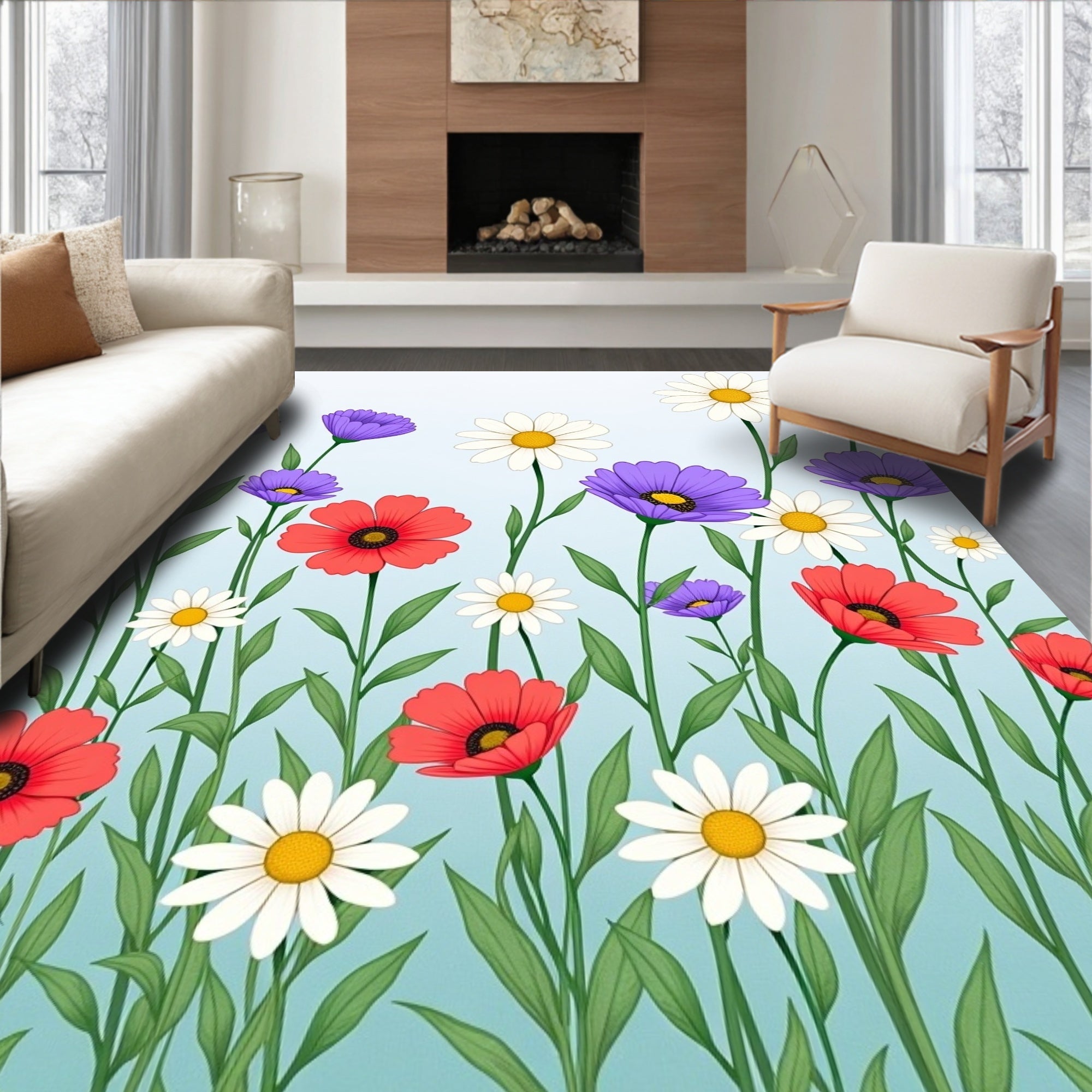 Vivid Red Purple Daisy Bloom Garden Rug