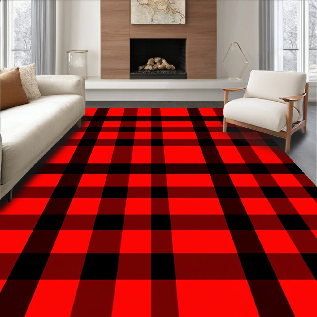 Bold Red Black Plaid Stripes Rug