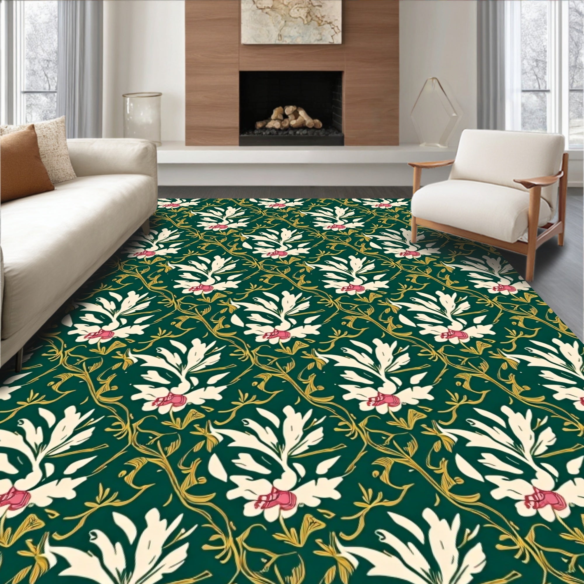 Emerald Green Floral Garden Medallion Rug