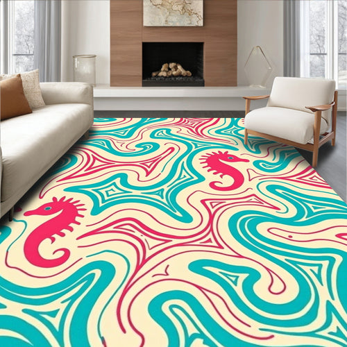 Aqua Coral Seahorse Swirl Ribbons Rug