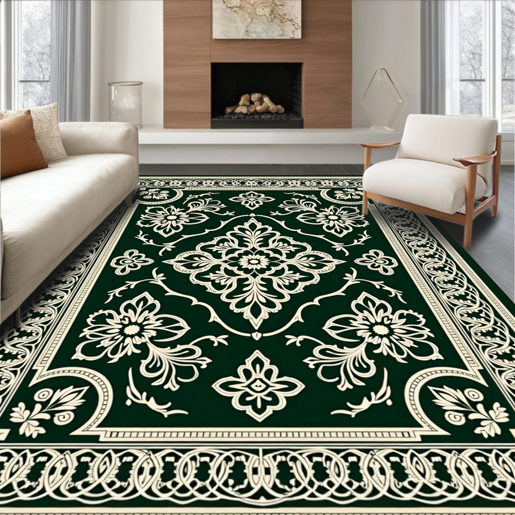 Dark Emerald Floral Medallion Border Rug