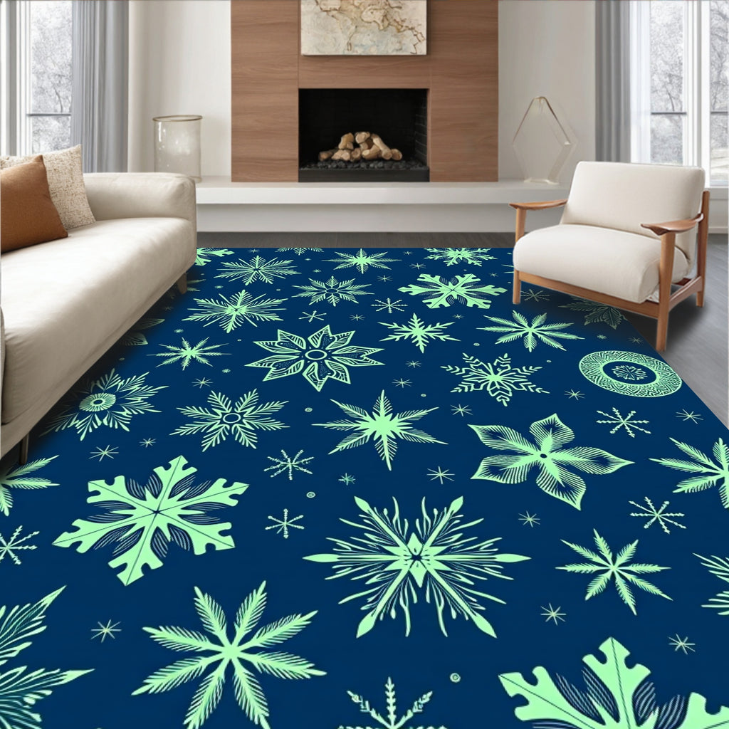 Light Green Snowflake Winter Navy Rug