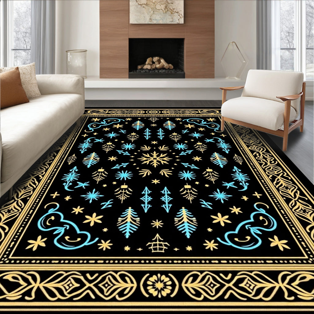 Golden Black Celestial Snowflake Swirl Rug
