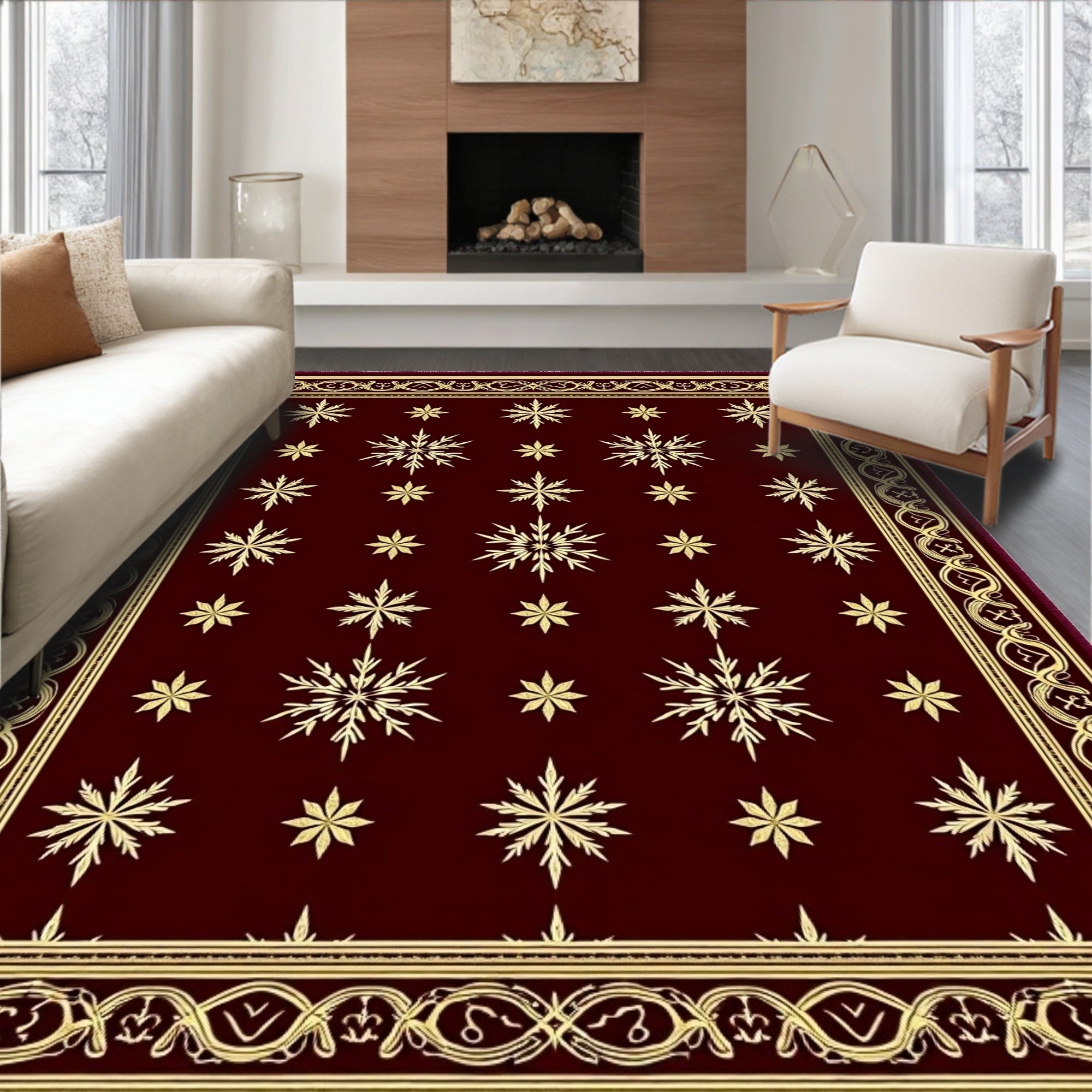 Deep Red Snowflakes Border Rug