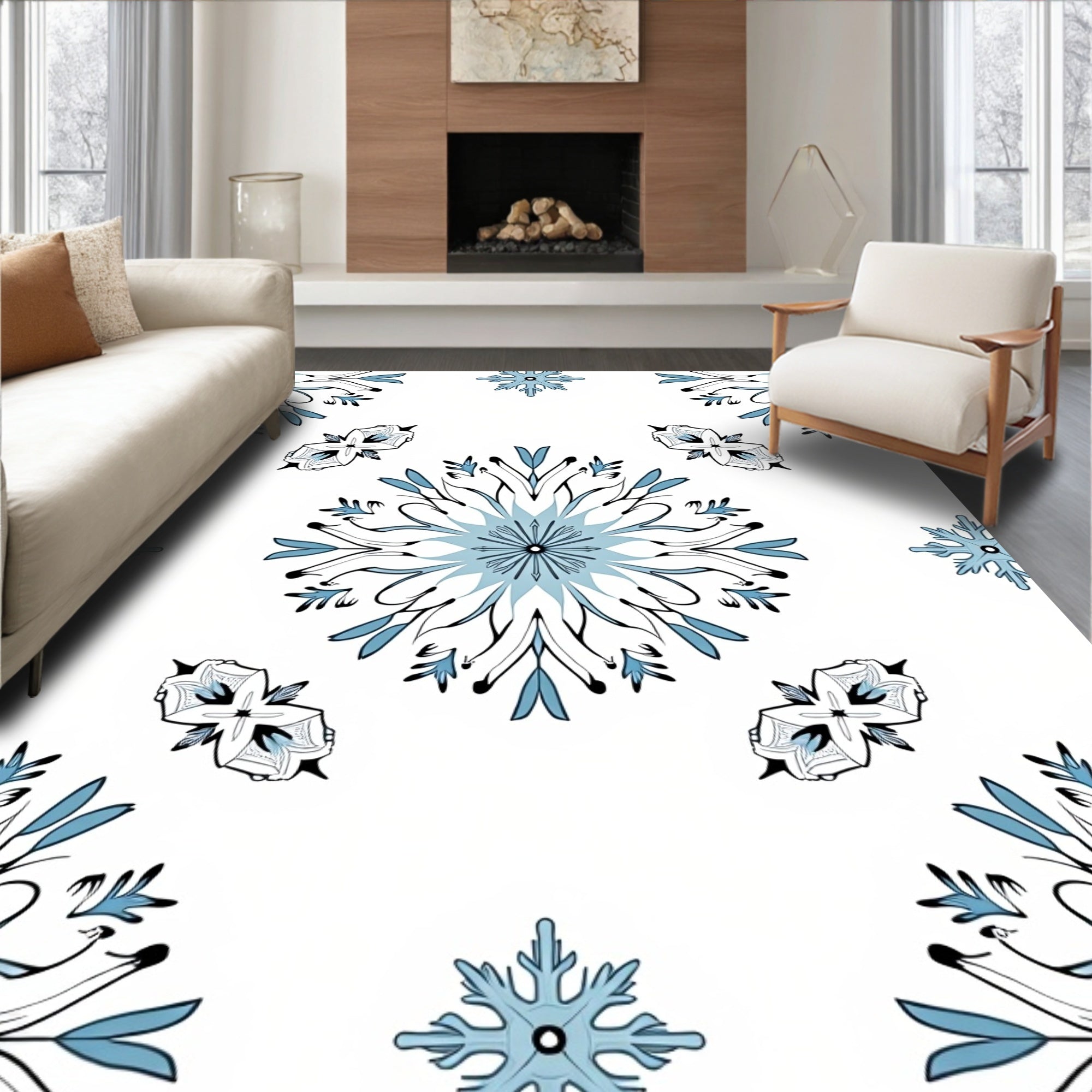 Pale Blue Snowflake Medallion Collection Rug