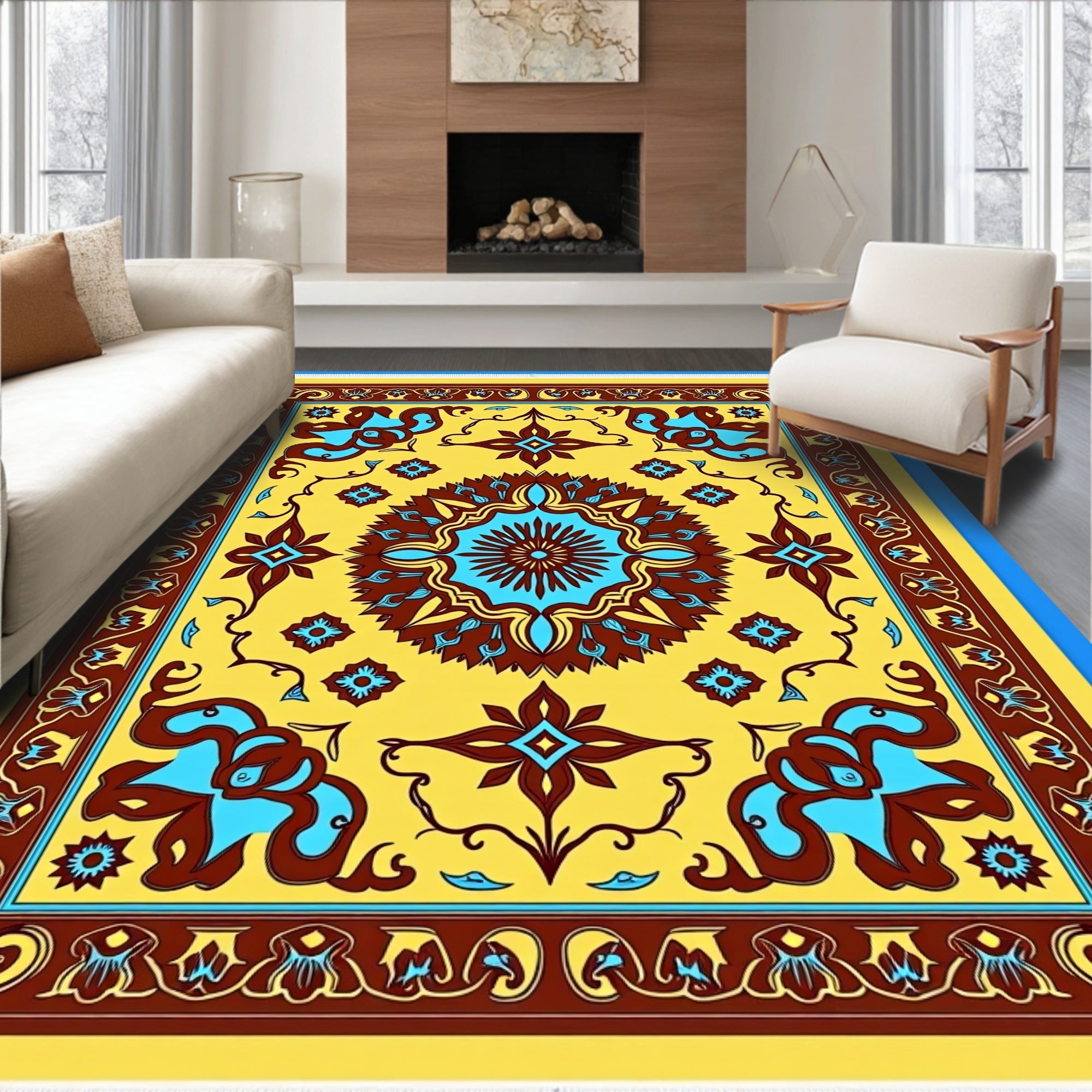 Golden Yellow Floral Medallion Rug