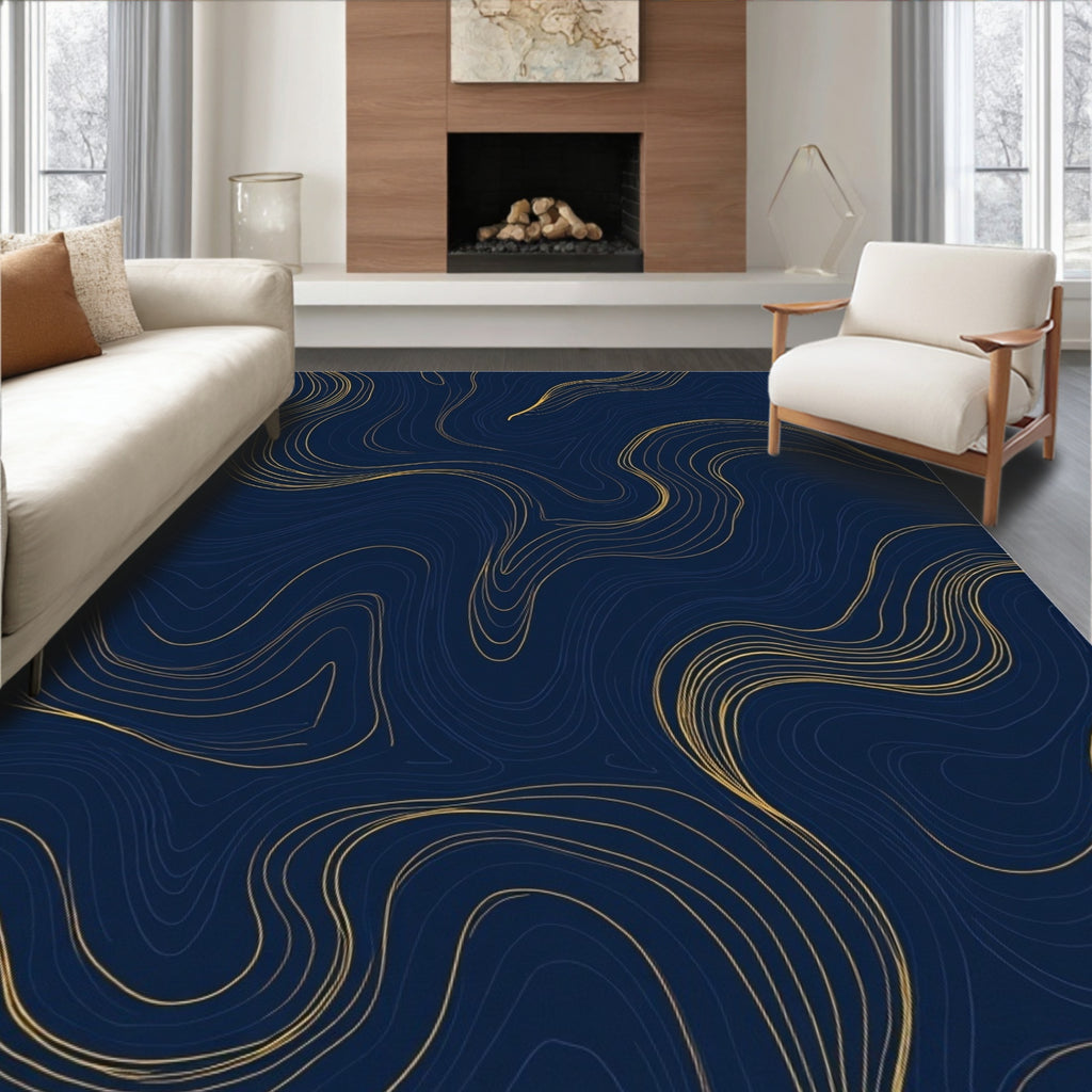 Deep Blue Gold Wavy Lines Rug