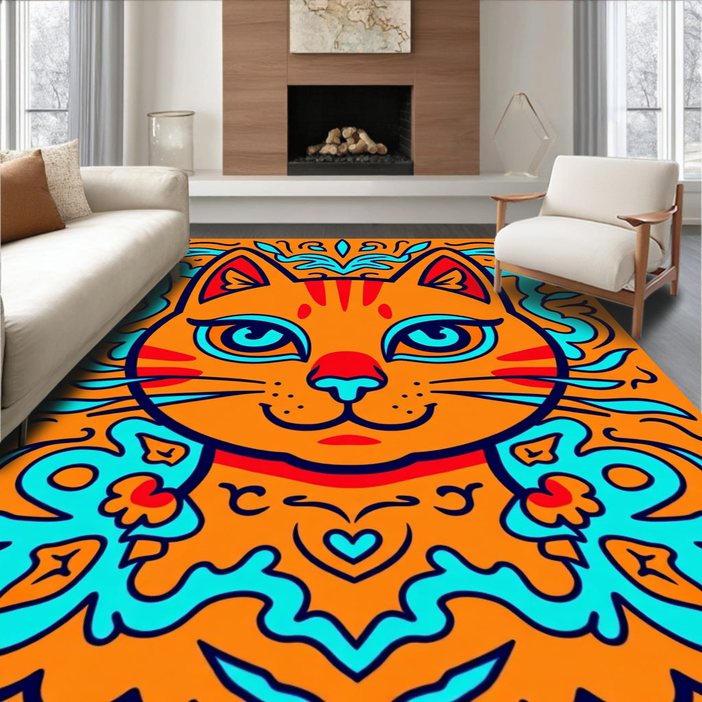 Whimsical Orange Cat Abstract Border Rug