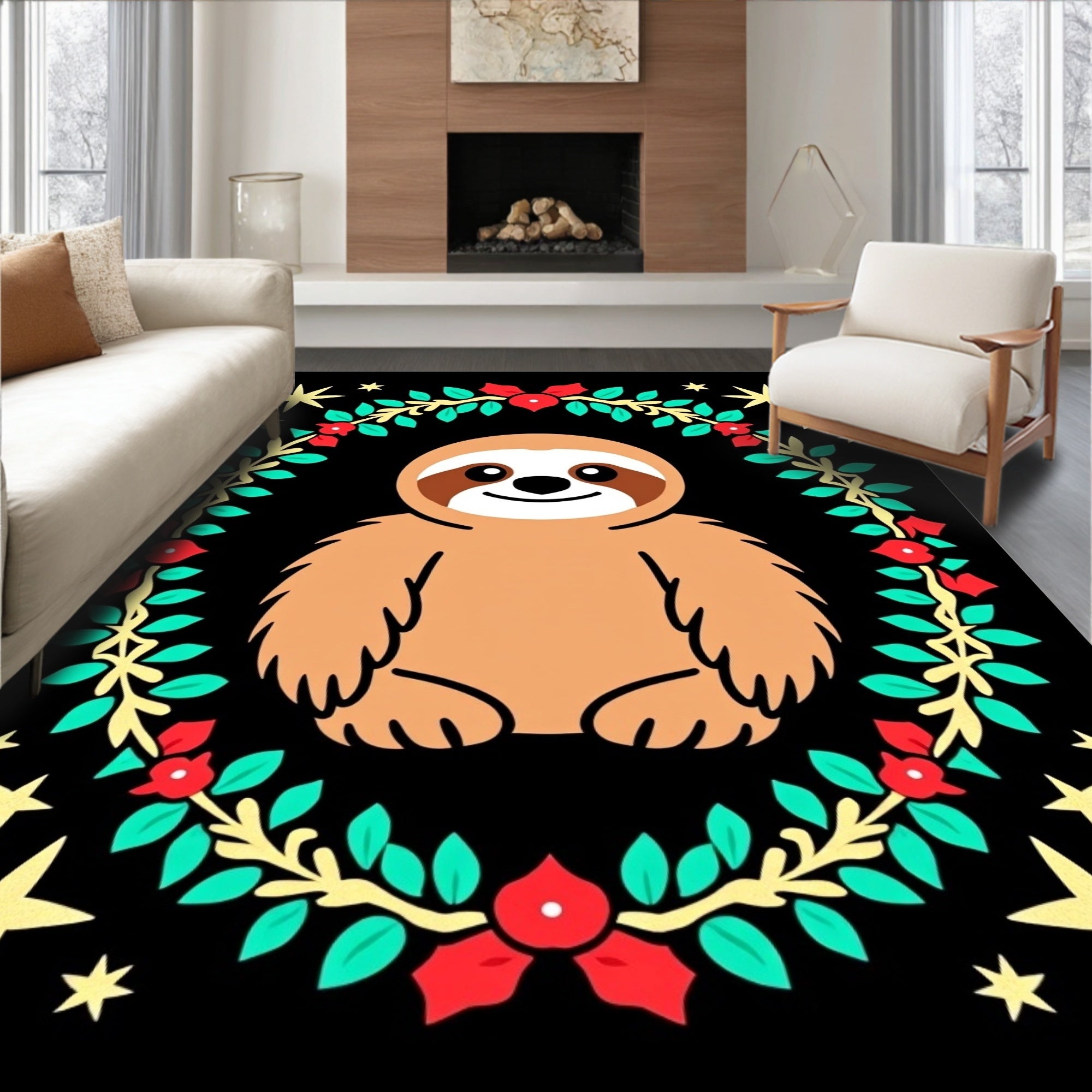Cute Sloth Wreath Christmas Stars Rug