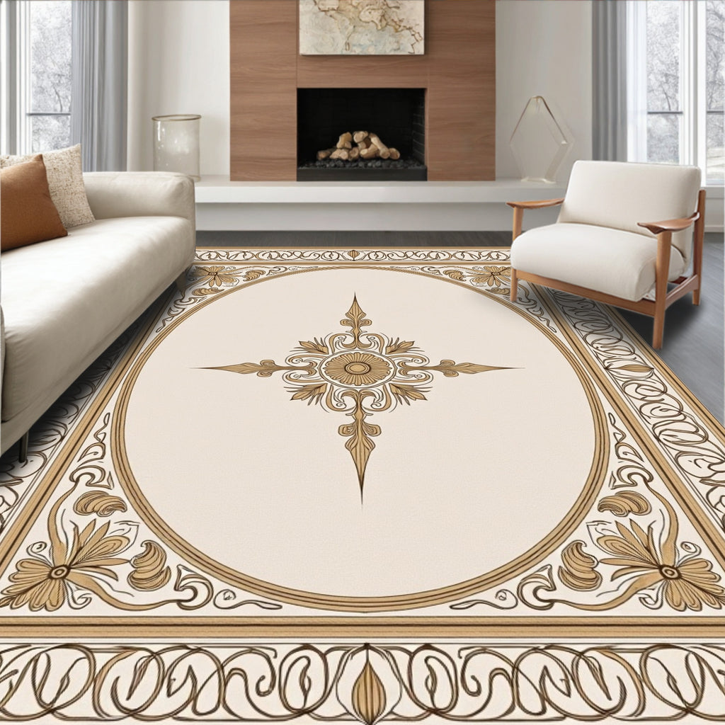 Vintage Gold Floral Oval Frame Rug