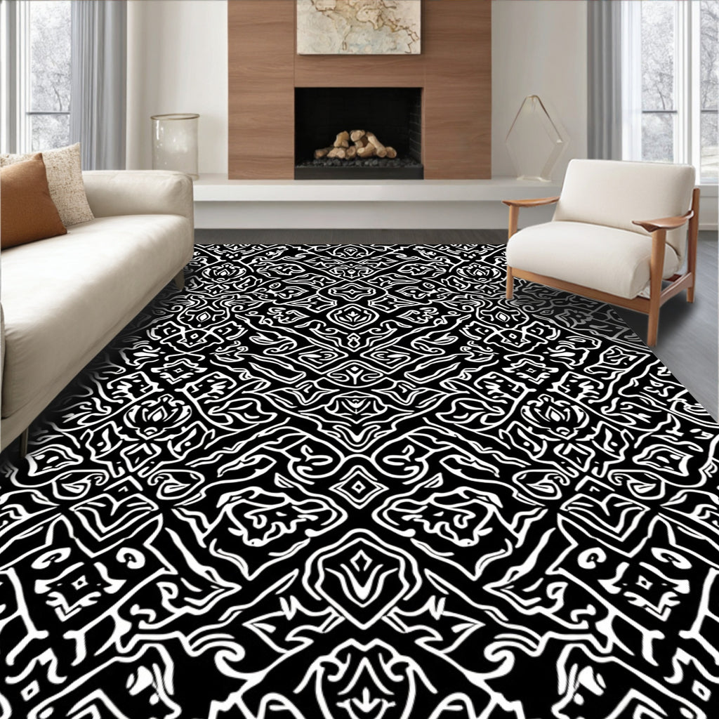 Black White Intricate Floral Scroll Rug