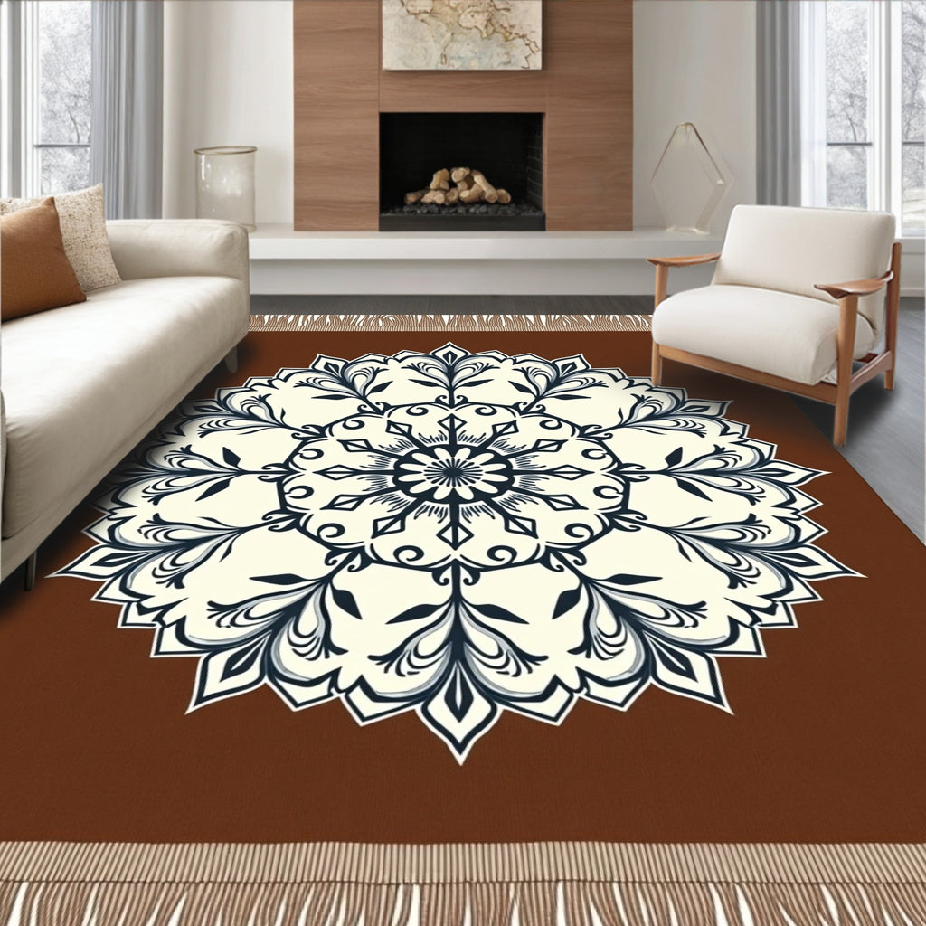 Brown Cream Navy Floral Medallion Rug