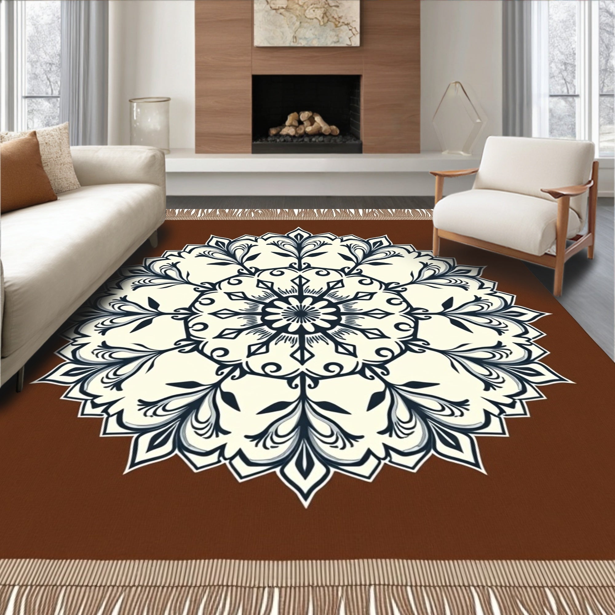 Brown Cream Navy Floral Medallion Rug
