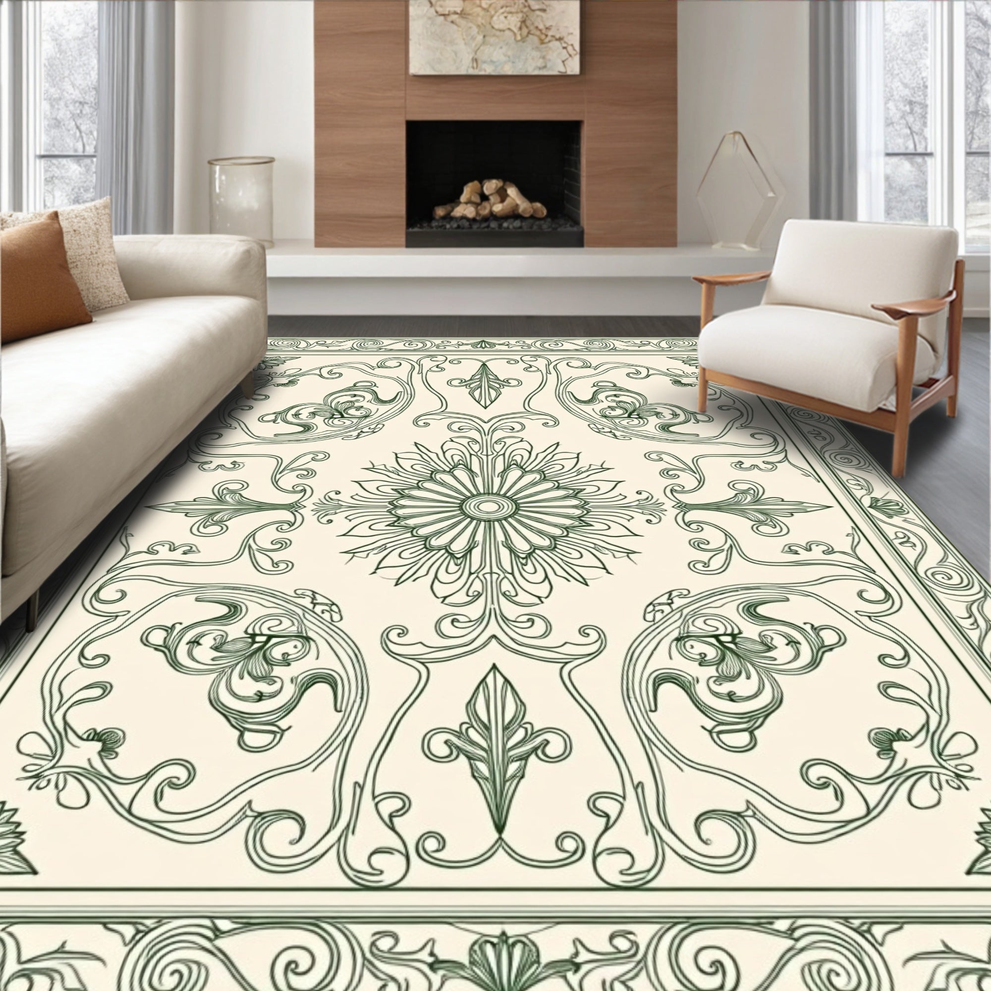 Cream Green Swirling Floral Medallion Rug
