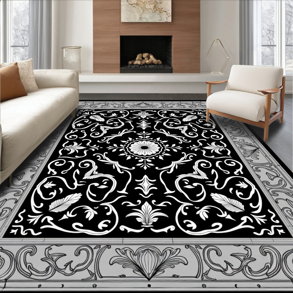 Black White Floral Scroll Medallion Rug