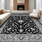 Black White Floral Scroll Medallion Rug