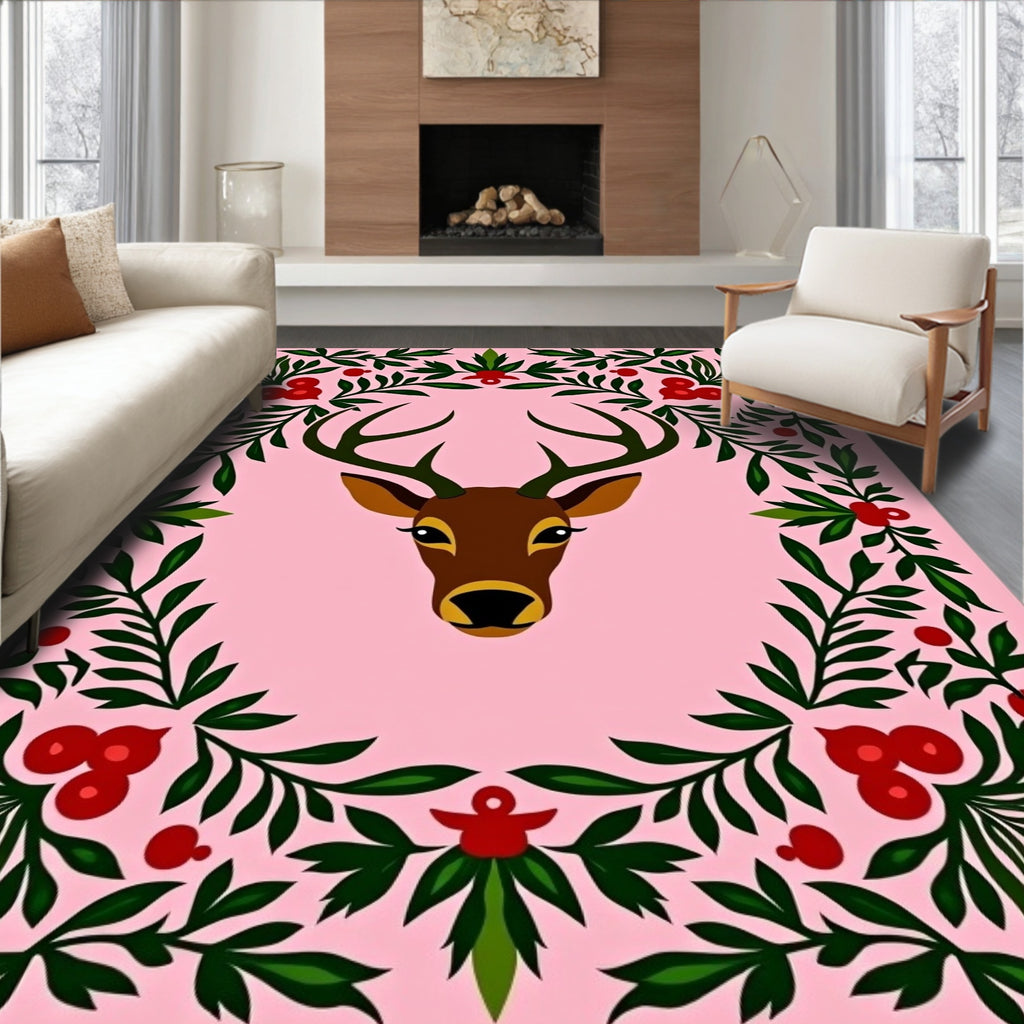 Pink Deer Floral Border Rug