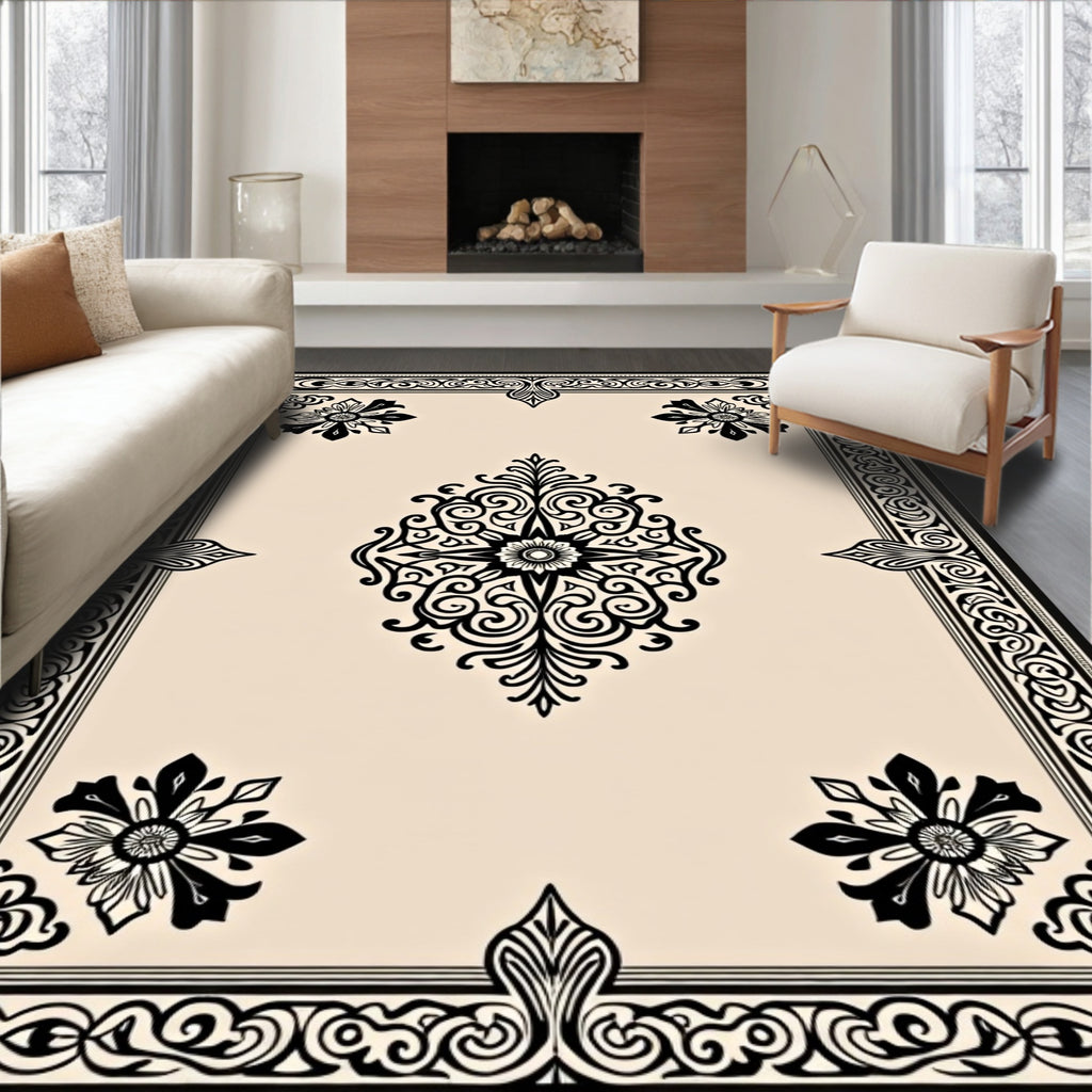 Elegant Black and Cream Damask Rug