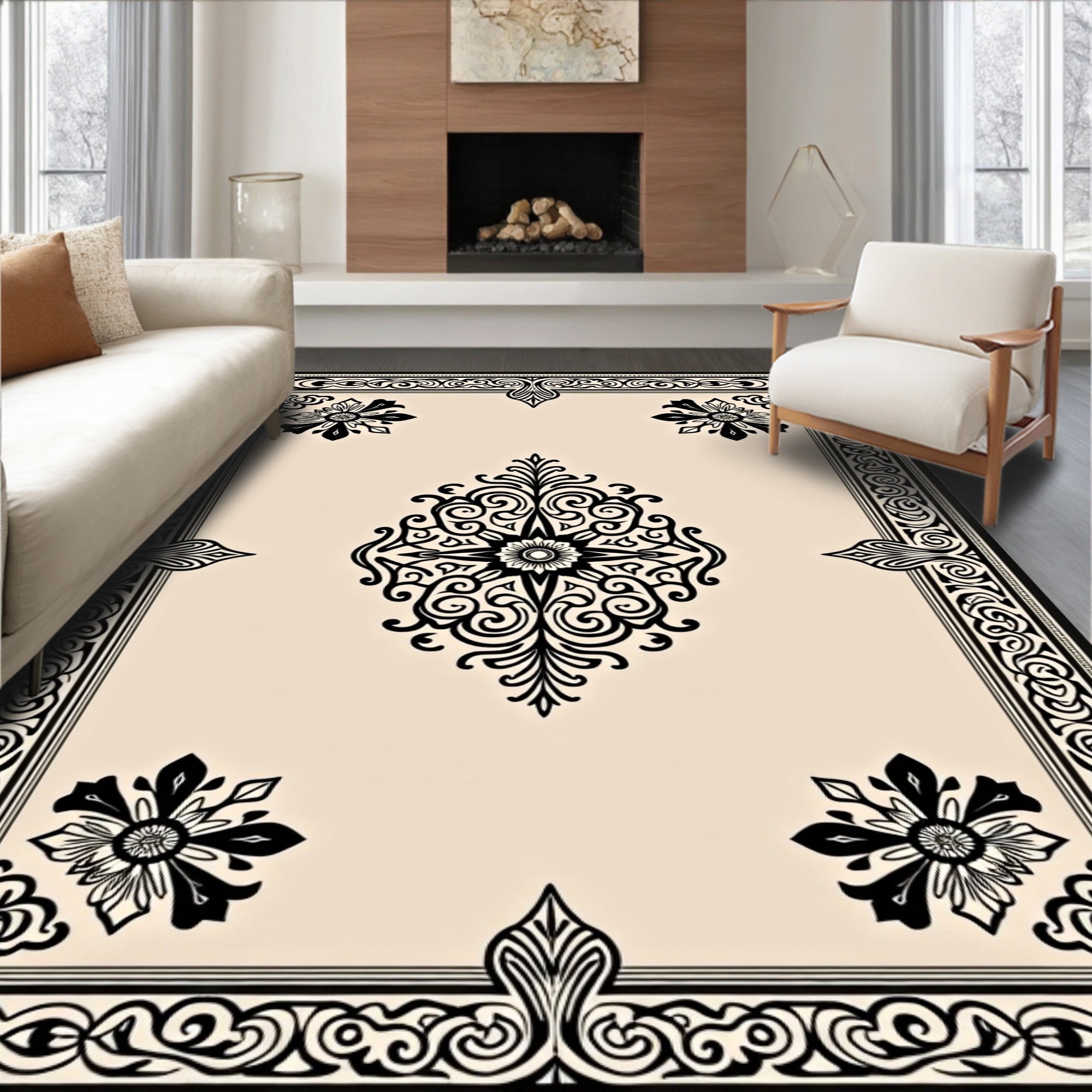 Elegant Black and Cream Damask Rug