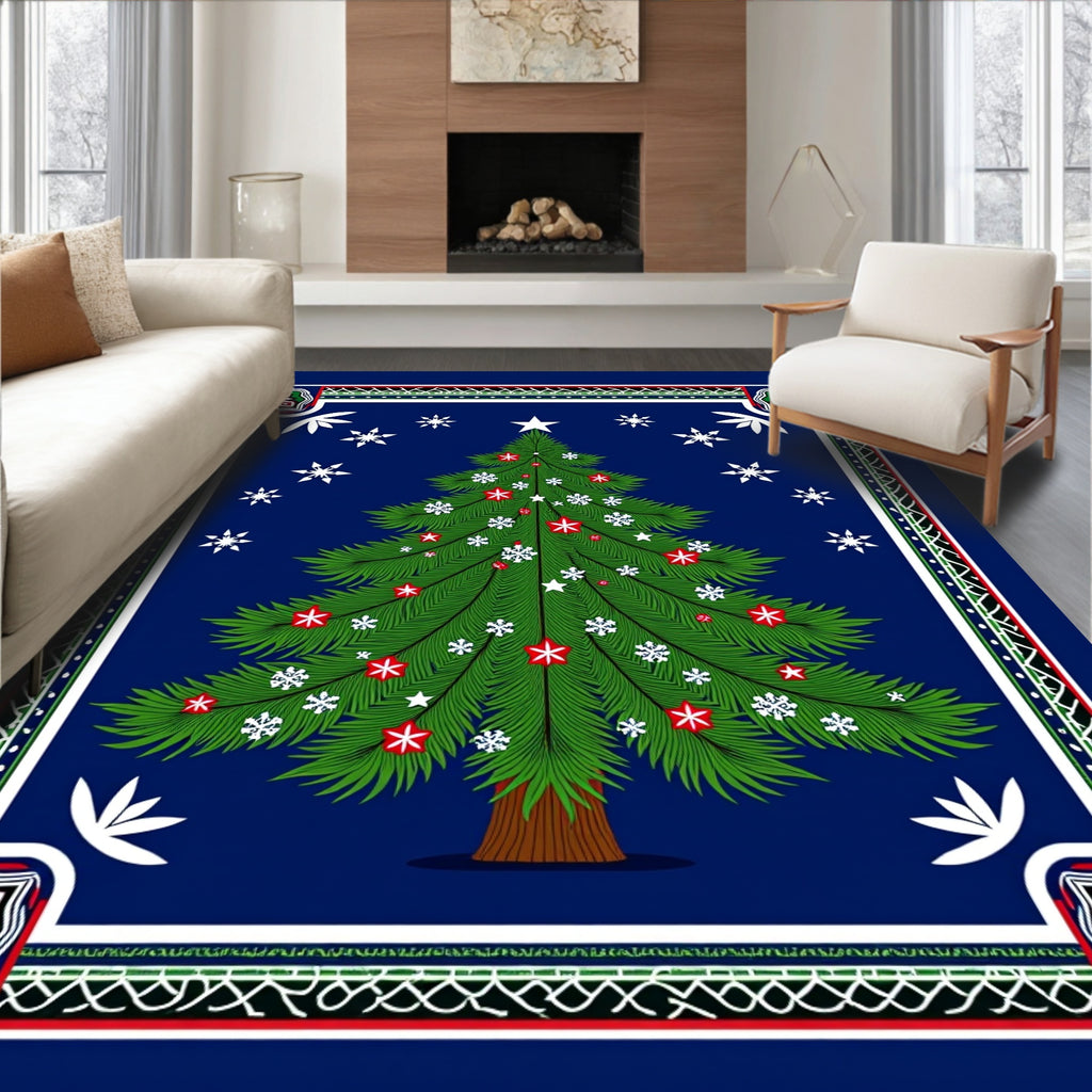 Festive Green Christmas Tree Snowflakes Rug