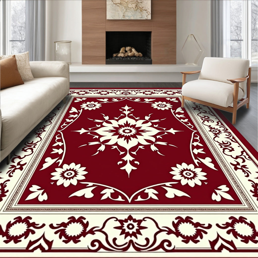 Crimson Cream Floral Medallion Border Rug