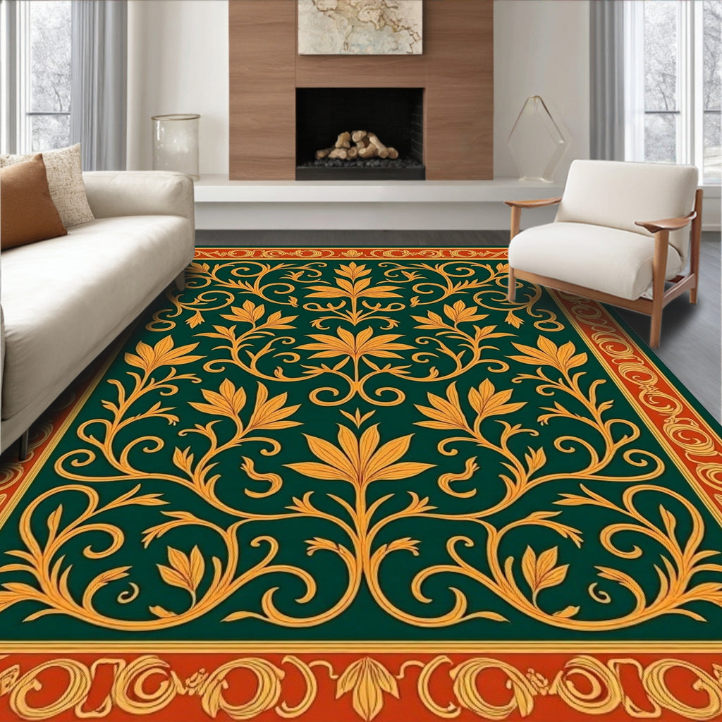 Golden Floral Vines on Dark Emerald Green Rug
