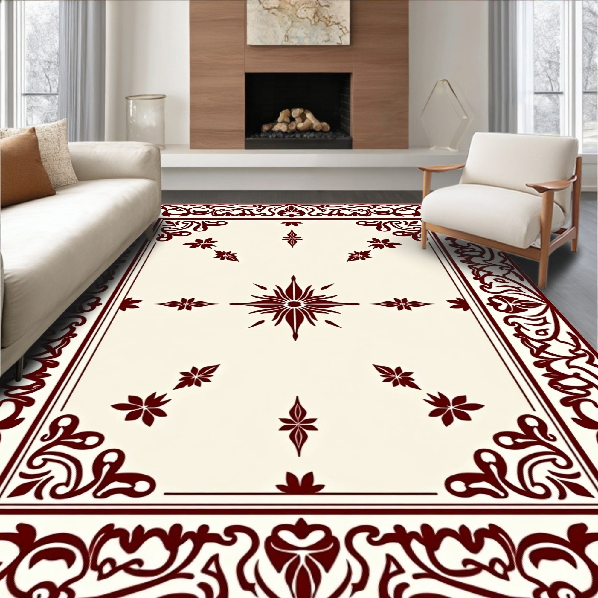 Burgundy Floral Scroll Medallion Rug