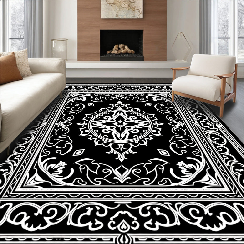 Black White Intricate Floral Medallion Rug