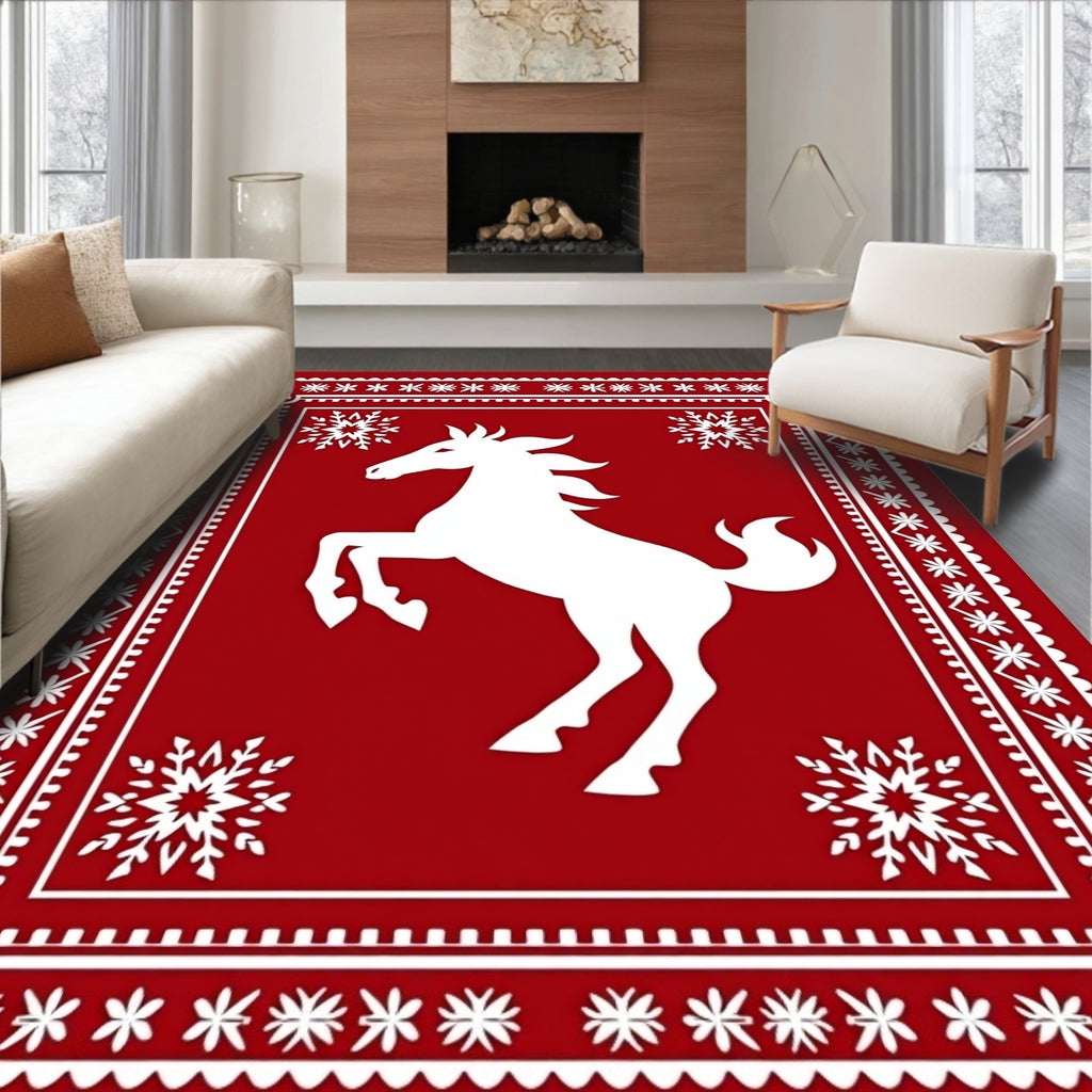 Bold Red Horse Snowflakes Border Rug