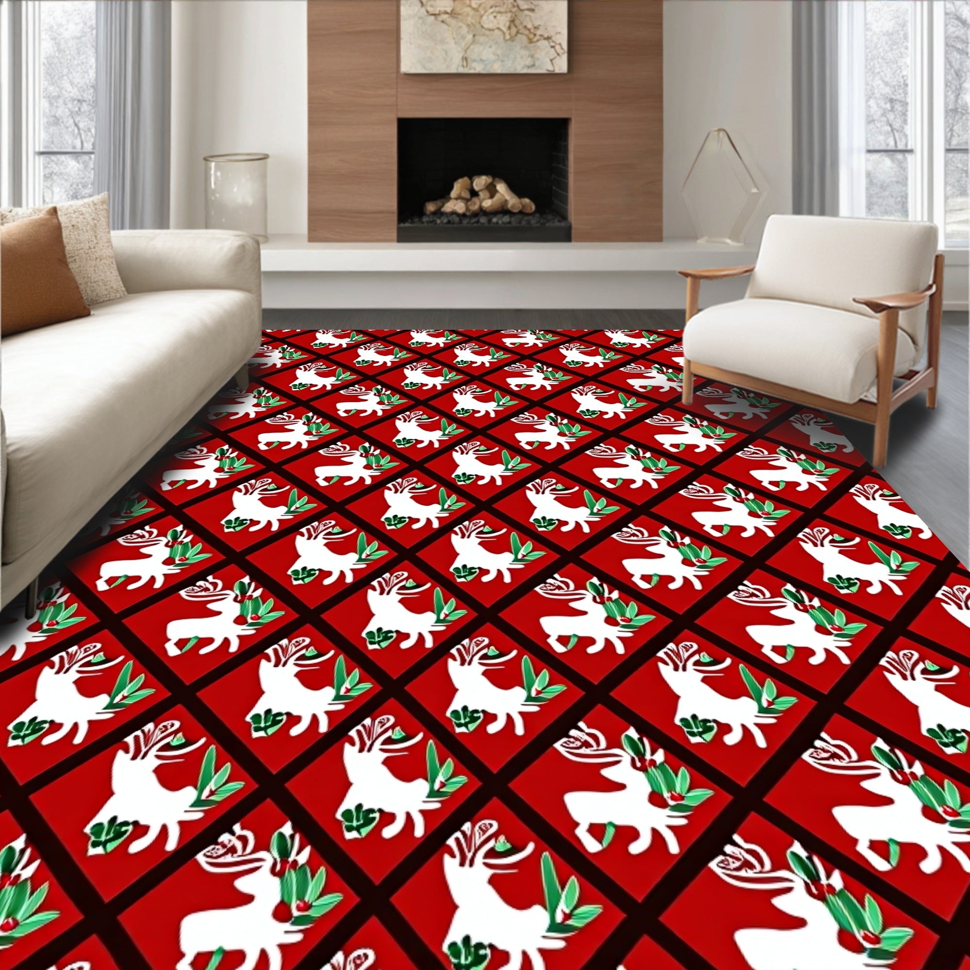 Red Diamond White Reindeer Holly Rug