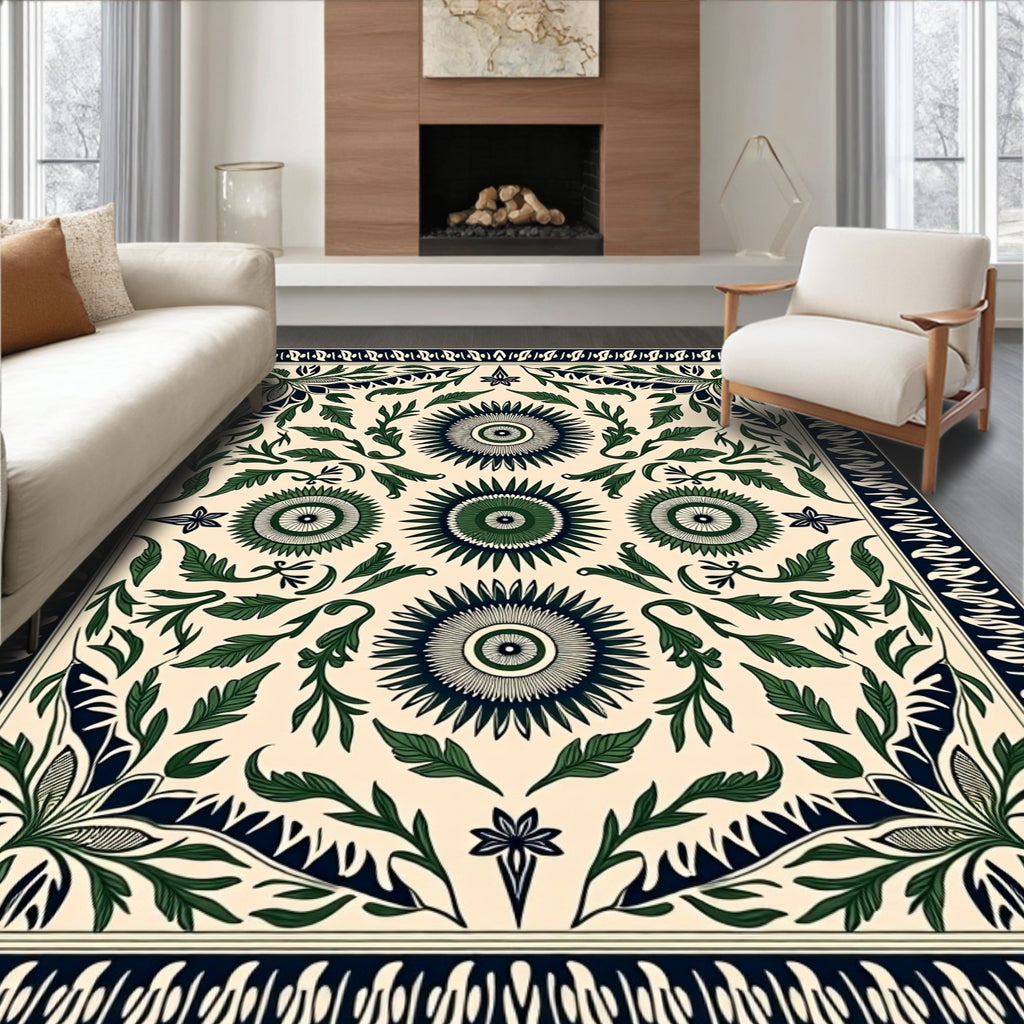Classic Green Floral Sunburst Border Rug