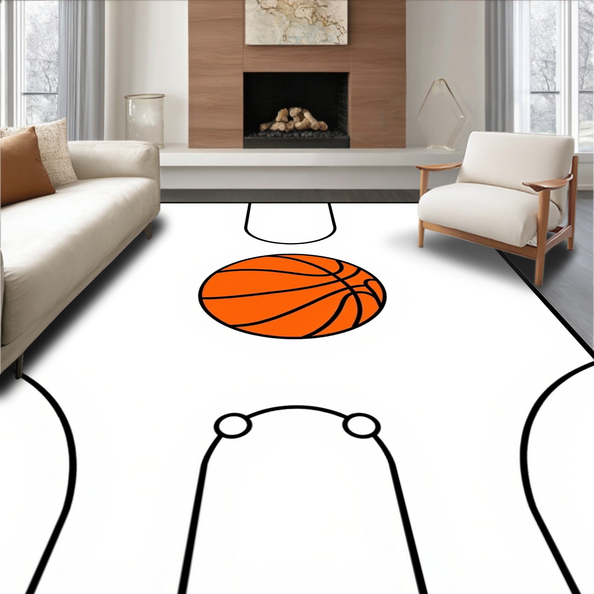 Orange Basketball Court Lines Rug