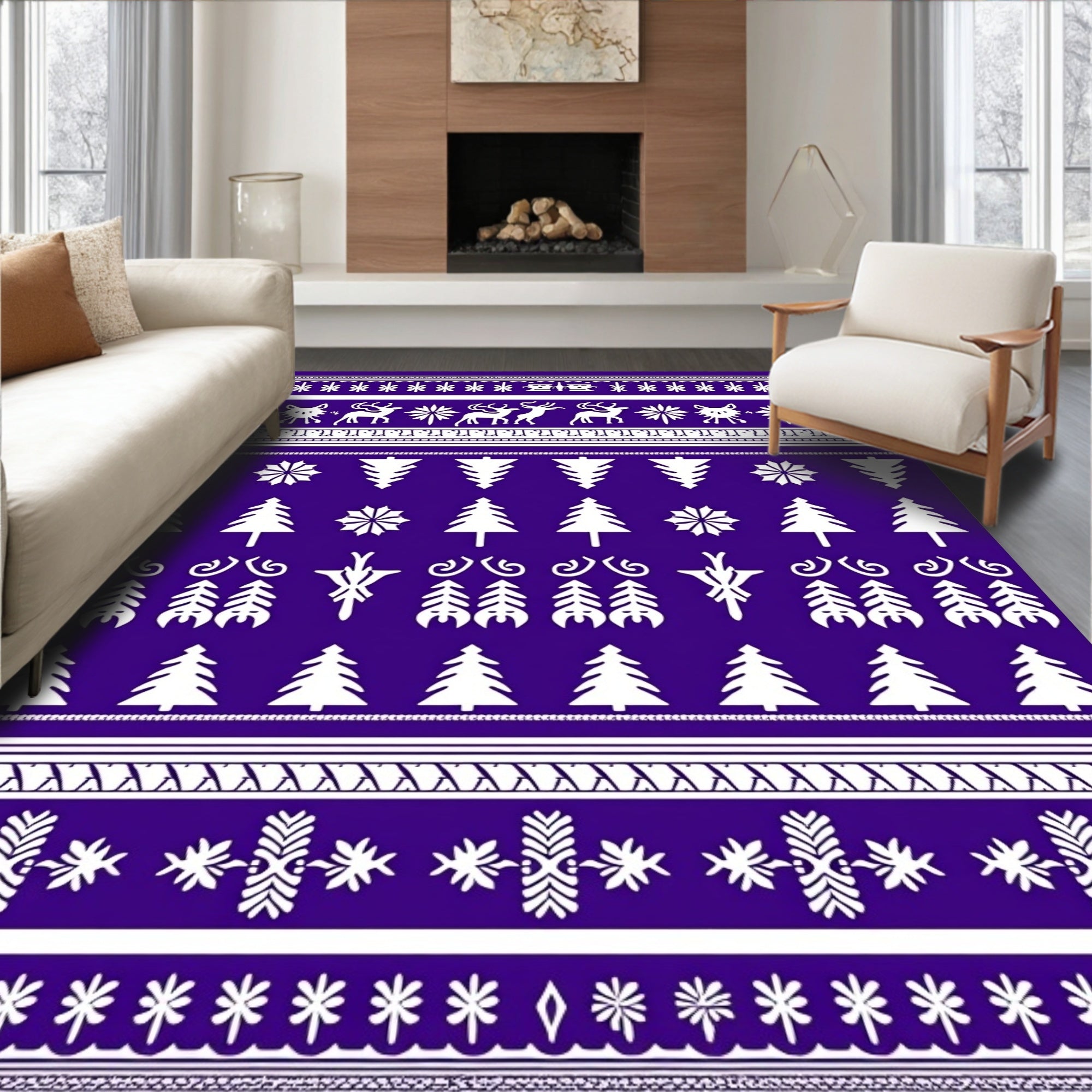 Deep Purple White Reindeer Christmas Trees Rug