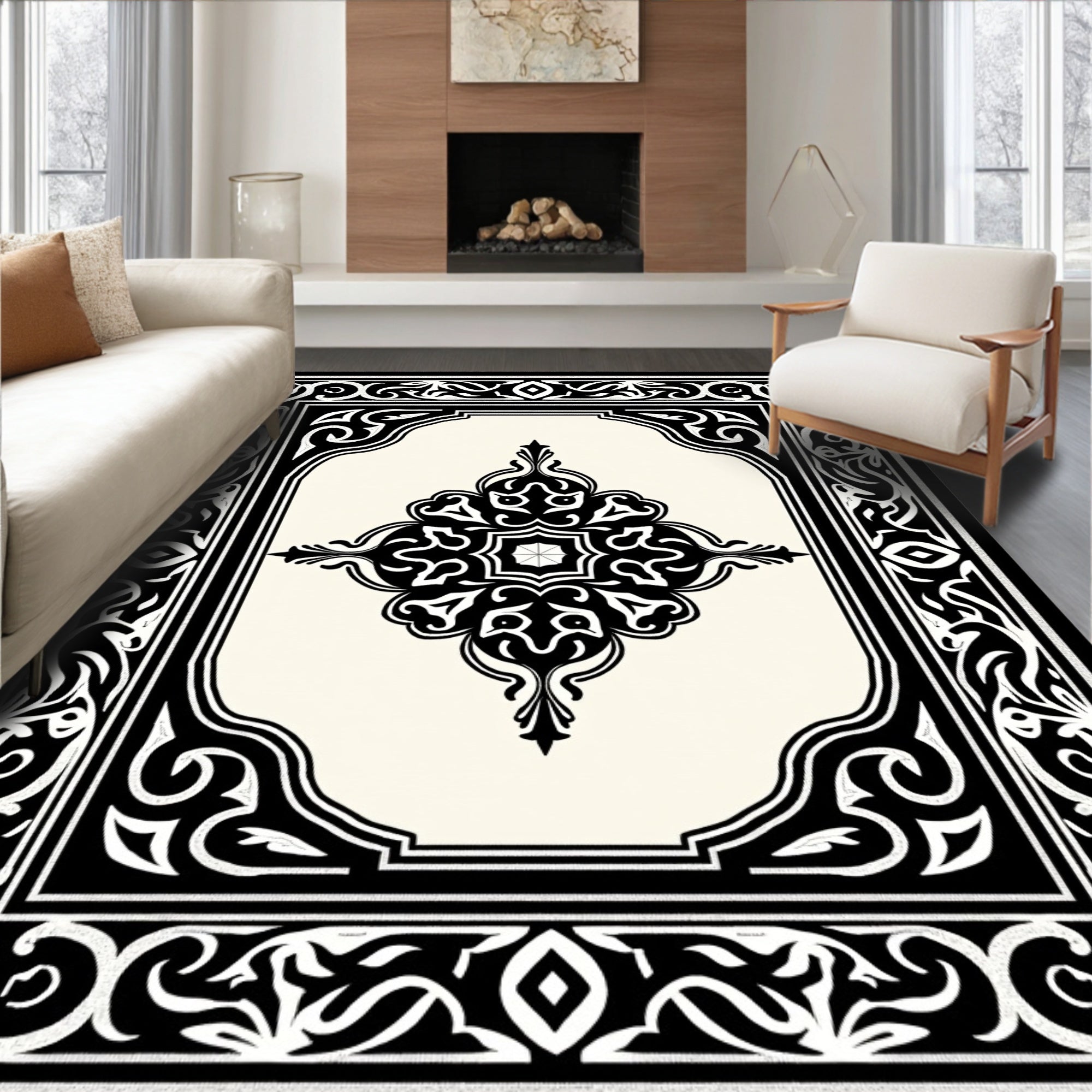 Black White Ivory Ornamental Medallion Rug