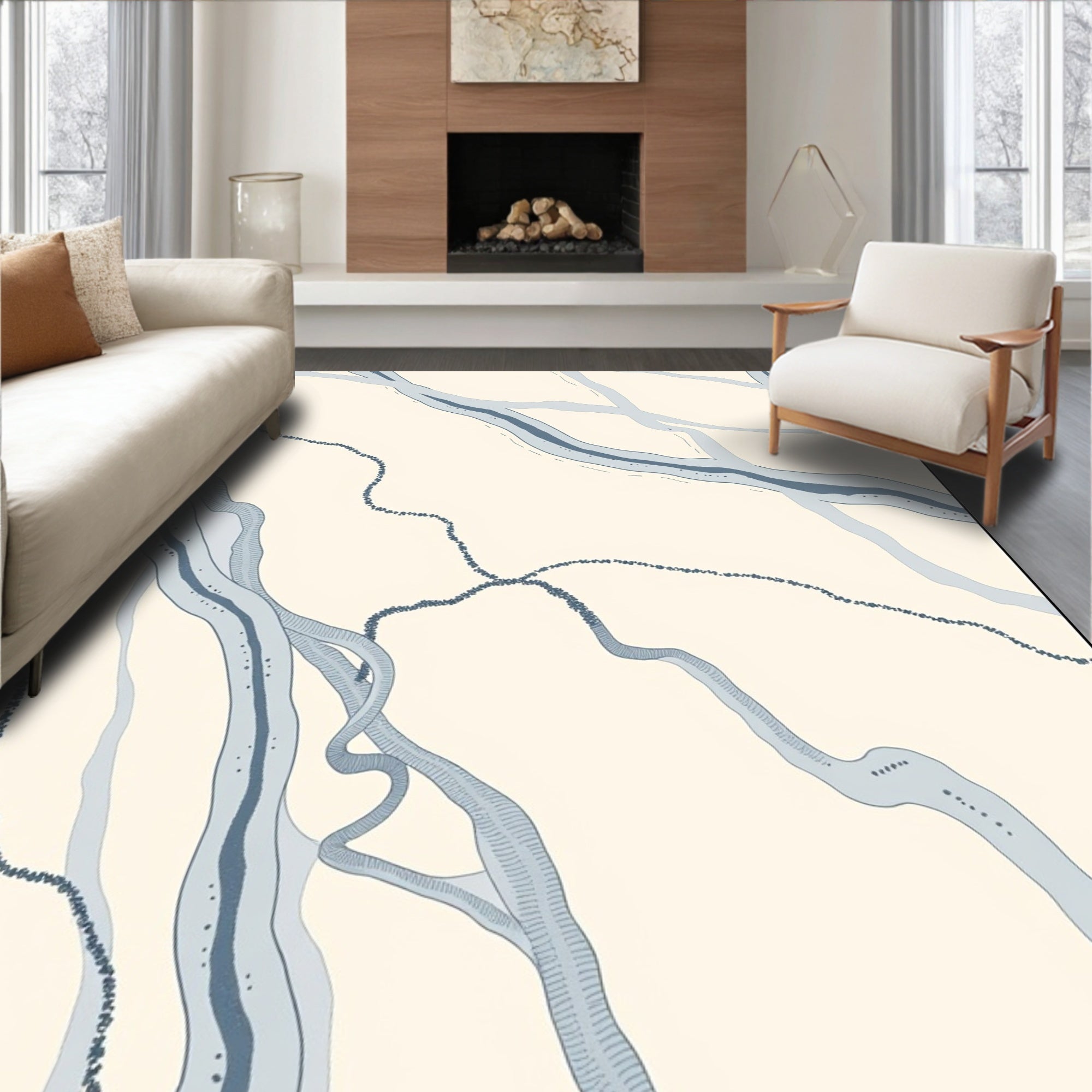Serene Blue River Abstract Lines Rug