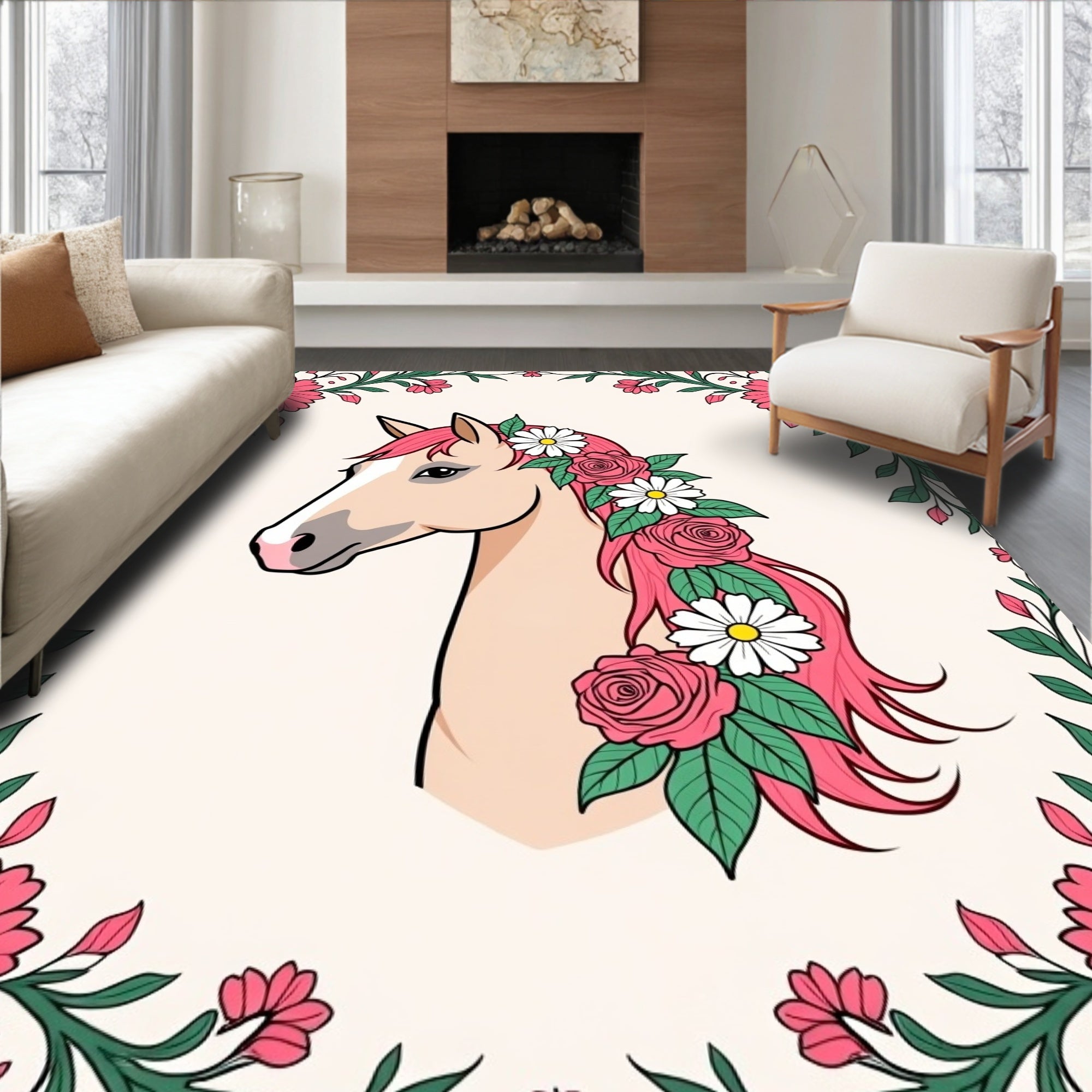 Pink Floral Horse Meadow Portrait Rug