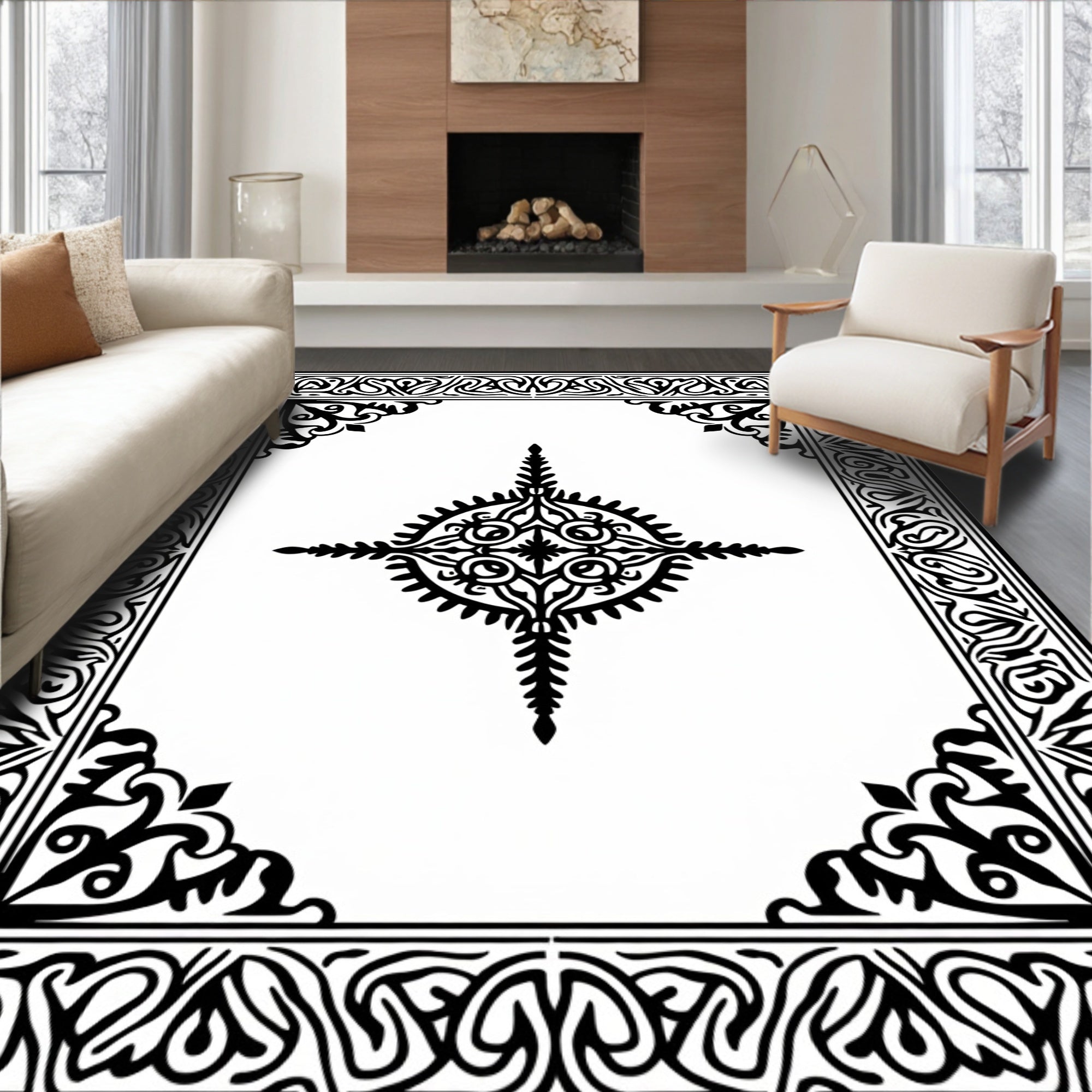 Ornate Black White Interlaced Border Design Rug