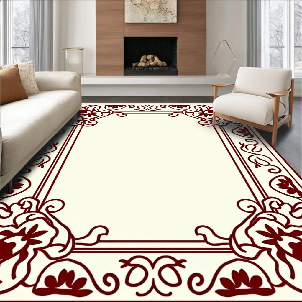 Ornate Burgundy Floral Border Rug