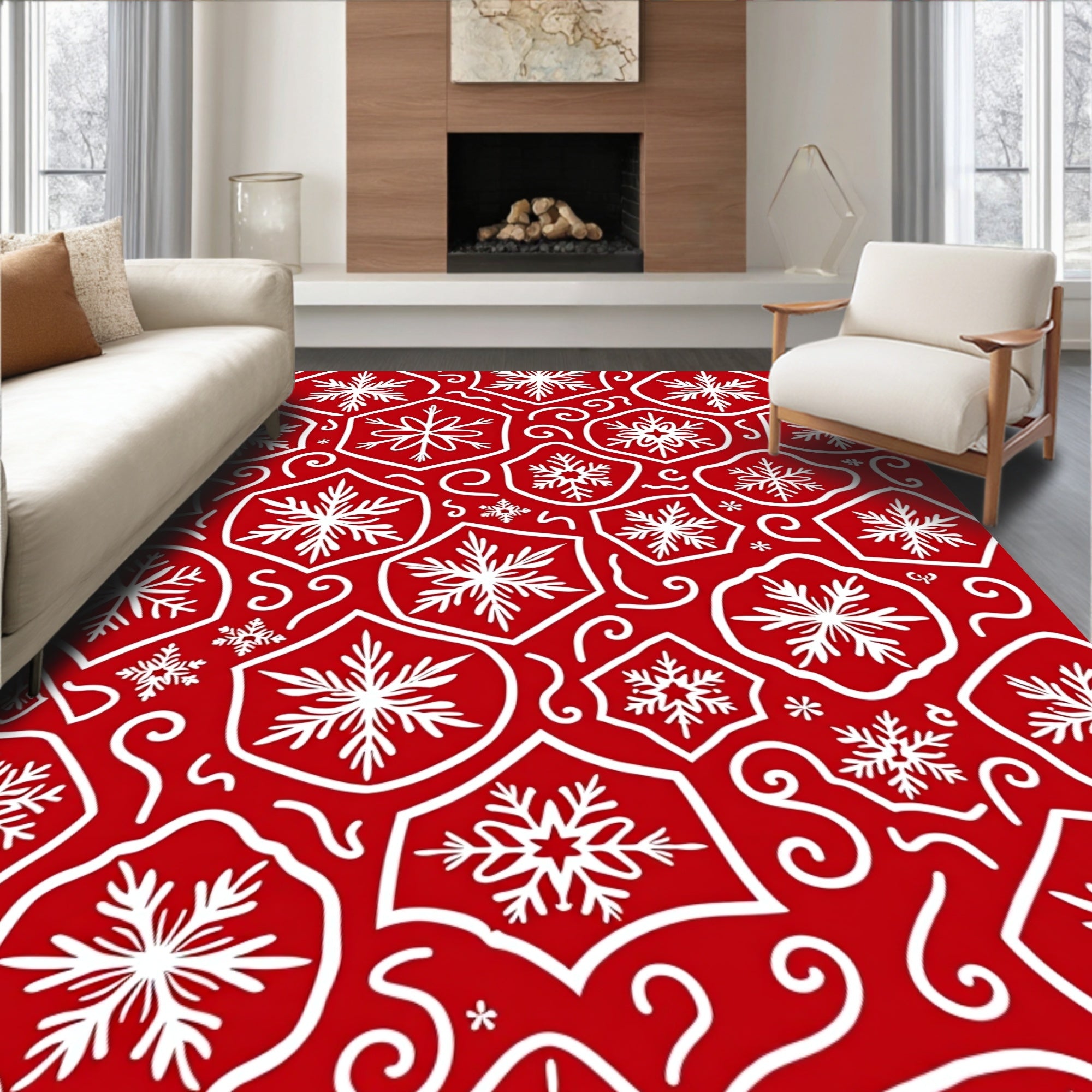 Crimson White Snowflakes Tessellation Rug