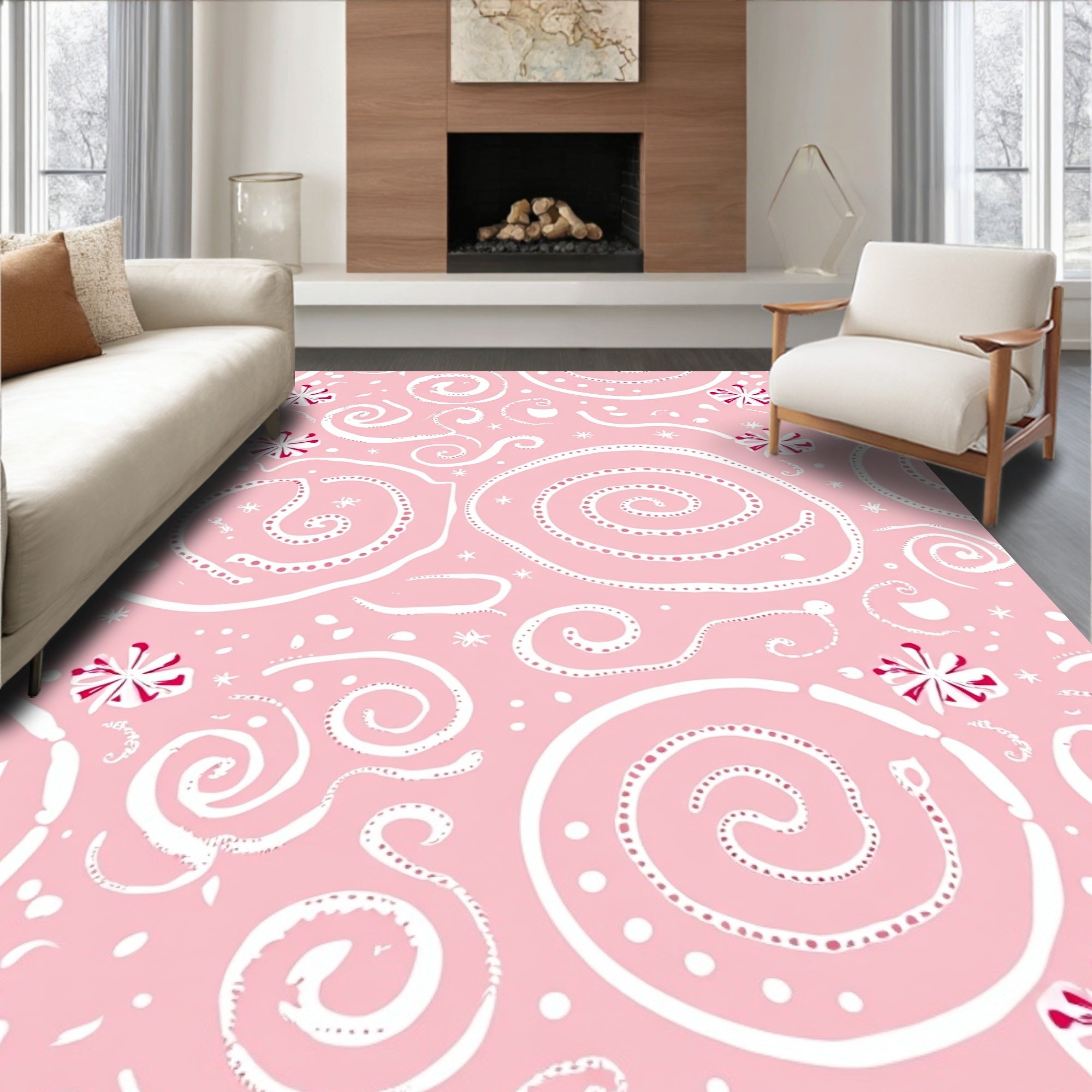 Pink Swirls with Red Flower Accents Rug