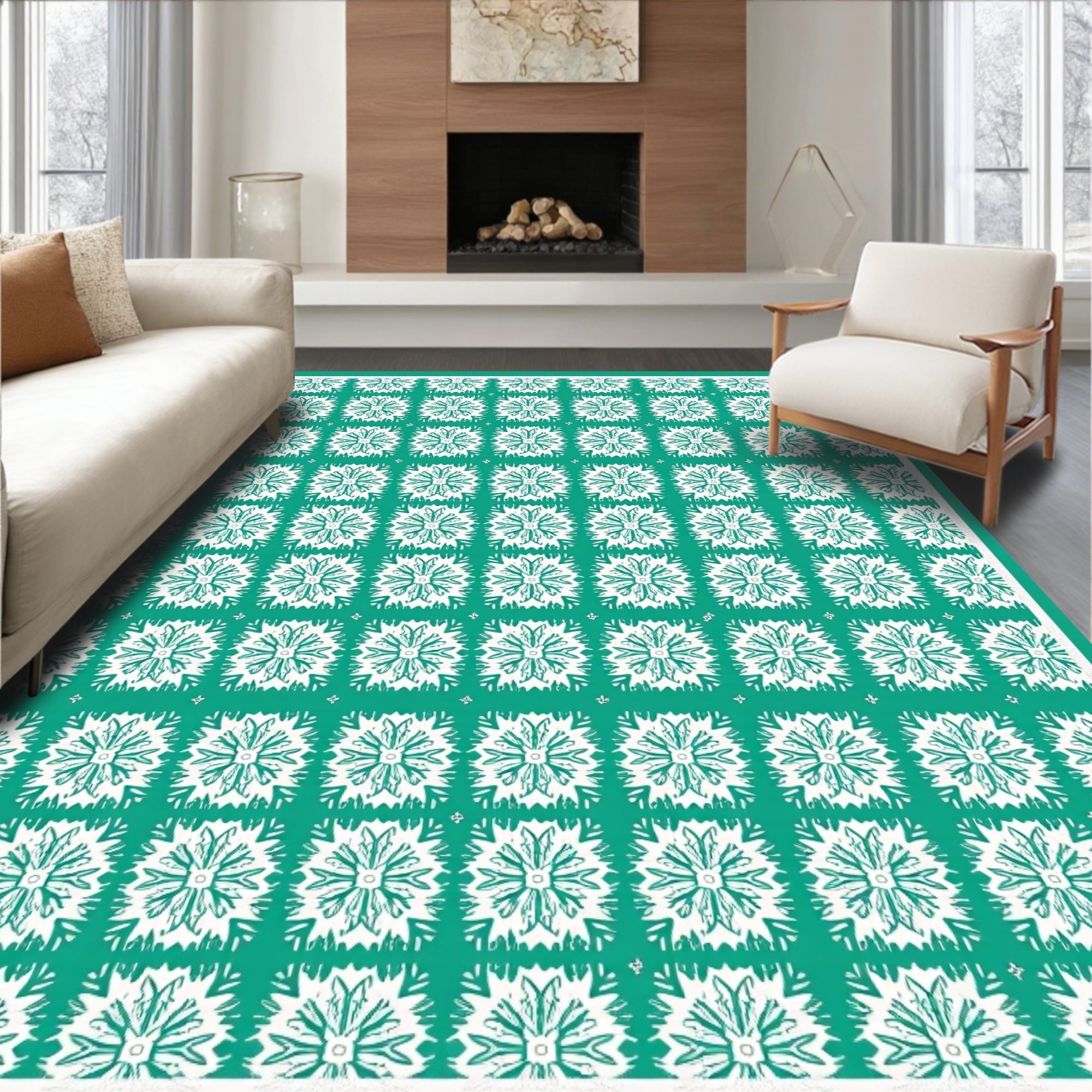 Teal White Repeating Floral Medallion Rug