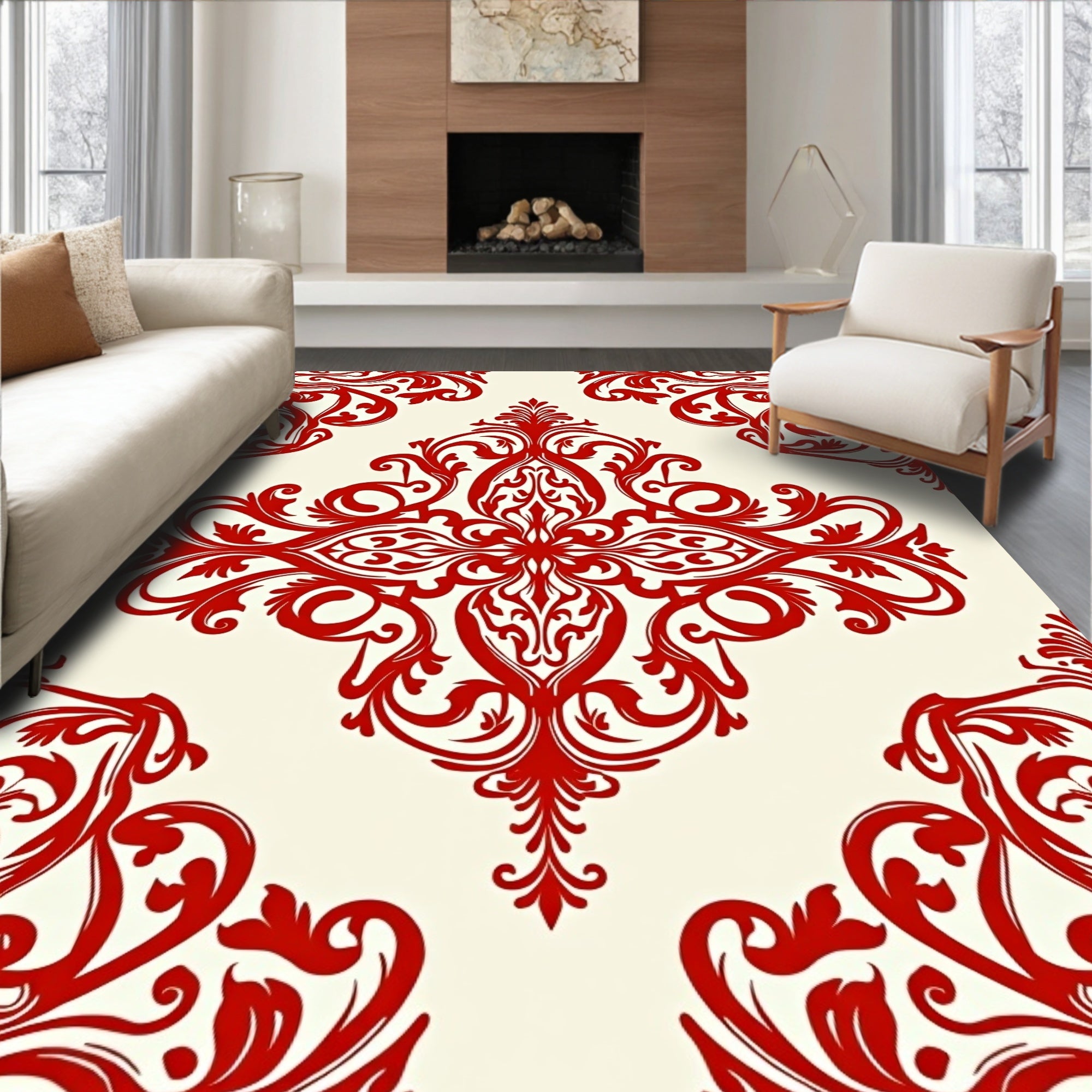 Crimson Baroque Flourish Scroll Rug